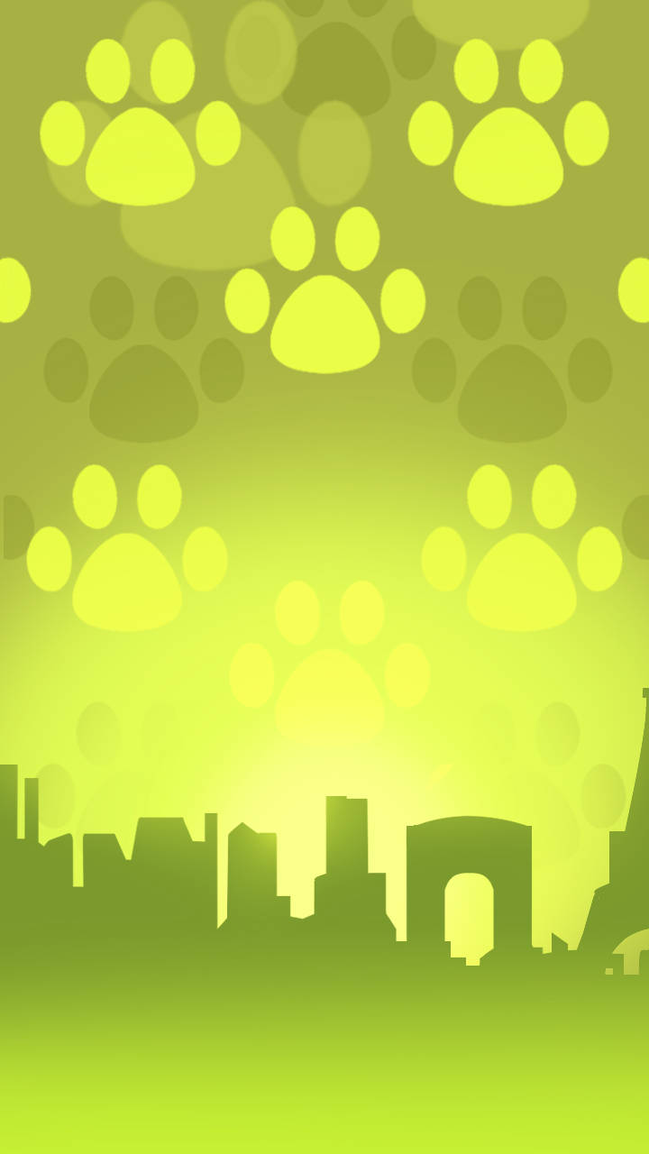 Cat Noir 桌布 壁紙 — 充滿活力的萊姆綠色壁紙，發光的爪印漂浮在風格化的城市天際線剪影上方。