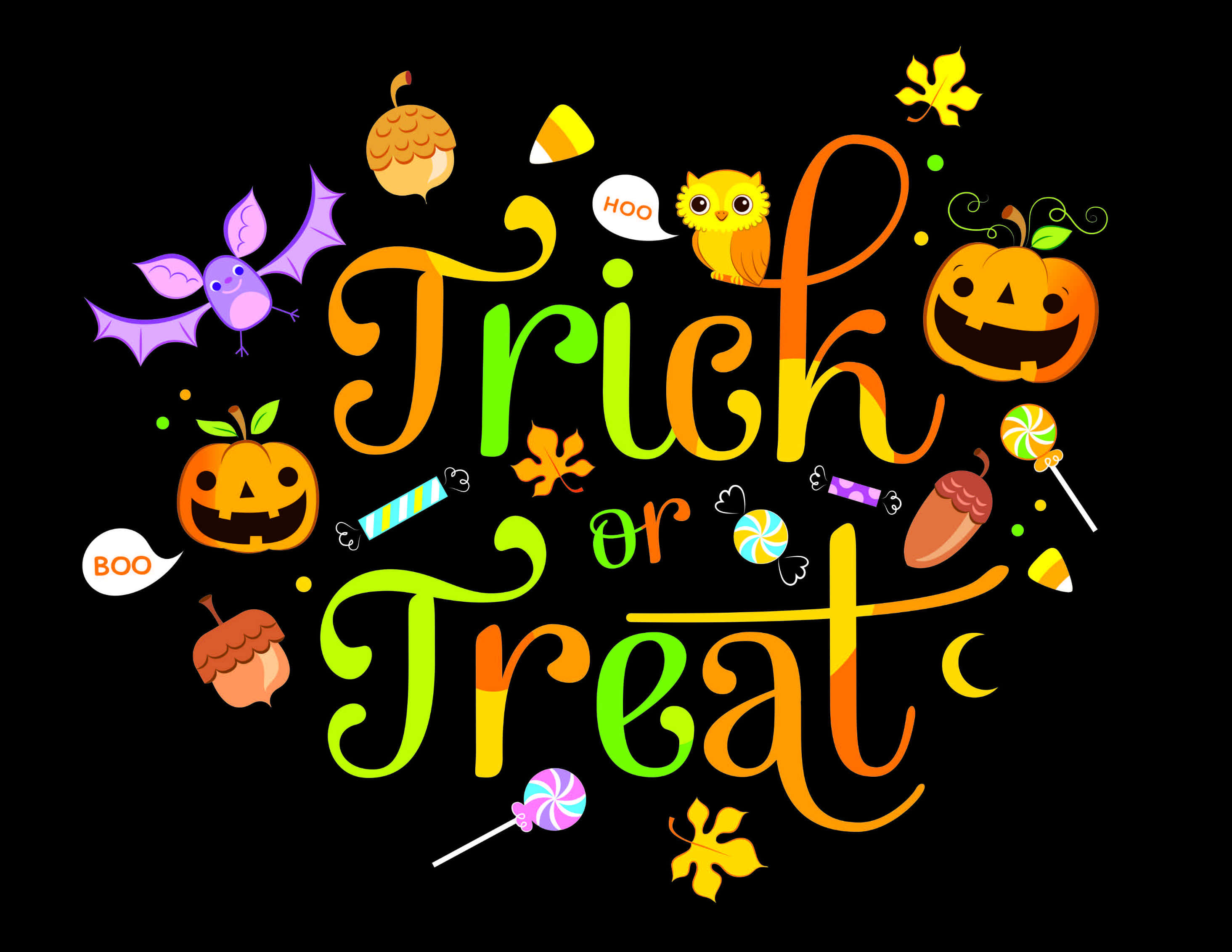 卡通萬聖節 桌布 壁紙 — 充滿活力的萬聖節主題「Trick or Treat」文字，採用彩虹漸變，周圍環繞著南瓜、蝙蝠和糖果，背景為黑色。