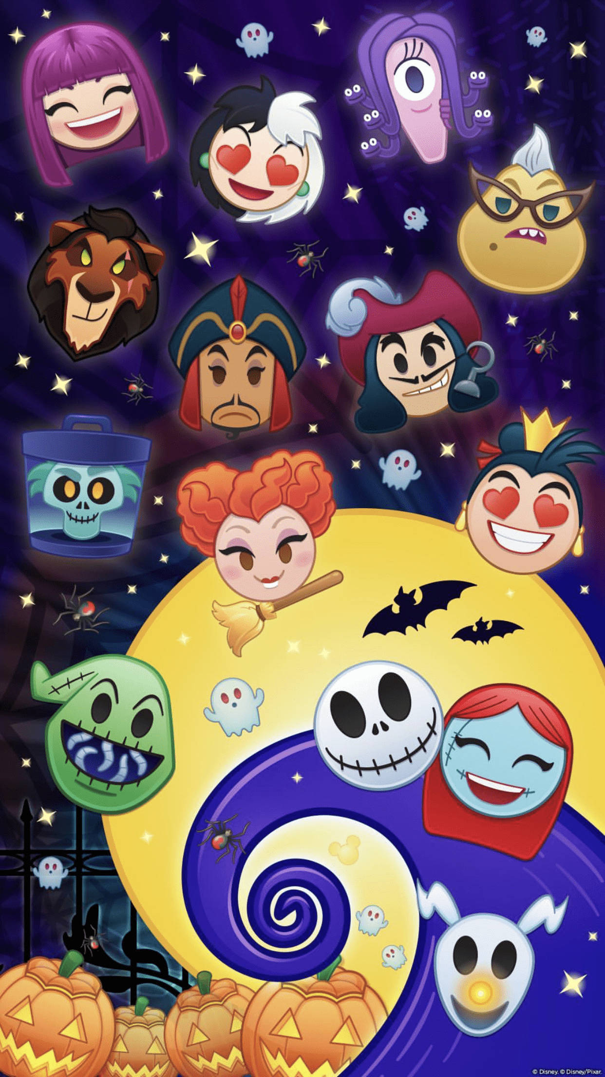 Cute Disney Halloween 桌布 壁紙 — 充滿活力的萬聖節主題桌布，以可愛的Q版風格呈現標誌性的迪士尼反派和角色，背景是星空、南瓜和蝙蝠。