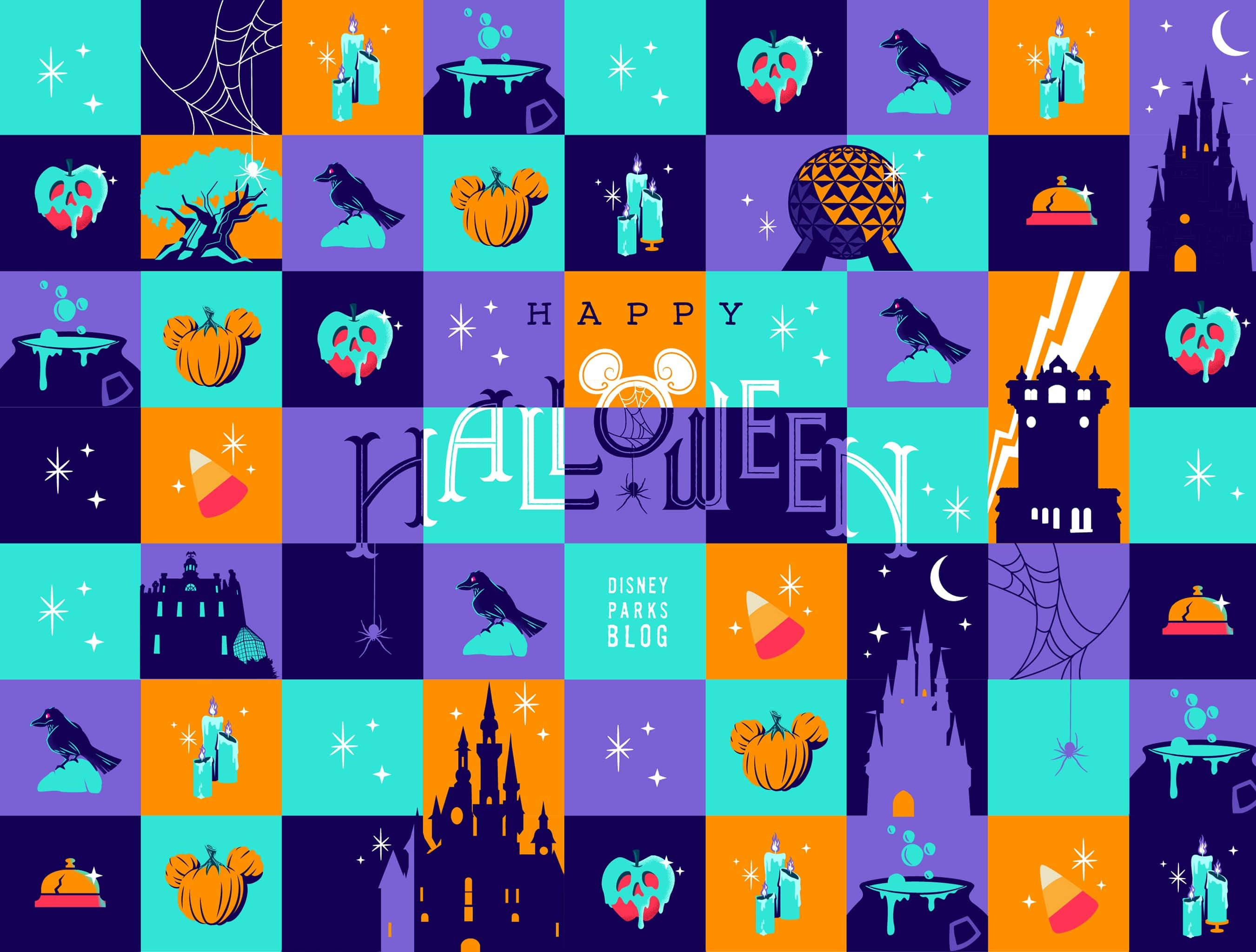 Happy Halloween 桌布 壁紙 — 充滿活力的萬聖節主題迪士尼樂園圖標網格，採用大膽的橙色、紫色和青色，帶有恐怖符號和城堡剪影。