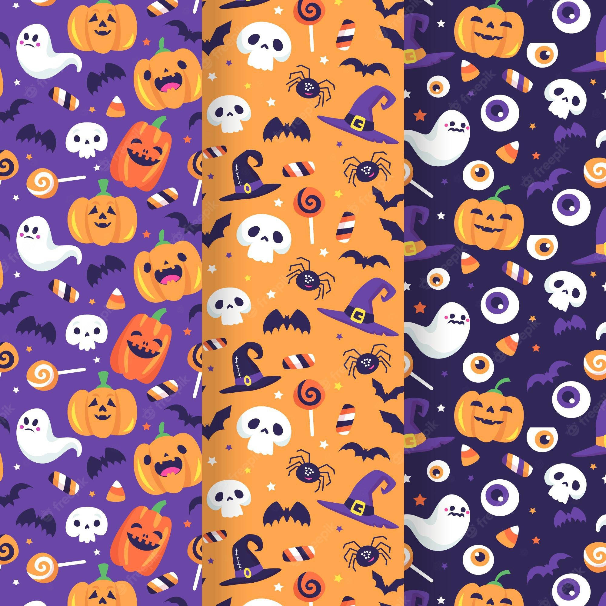 Cute Halloween Phone 桌布 壁紙 — 充滿活力的萬聖節圖案，包含南瓜、骷髏、蝙蝠和糖果玉米，背景為紫色、橙色和深紫色。