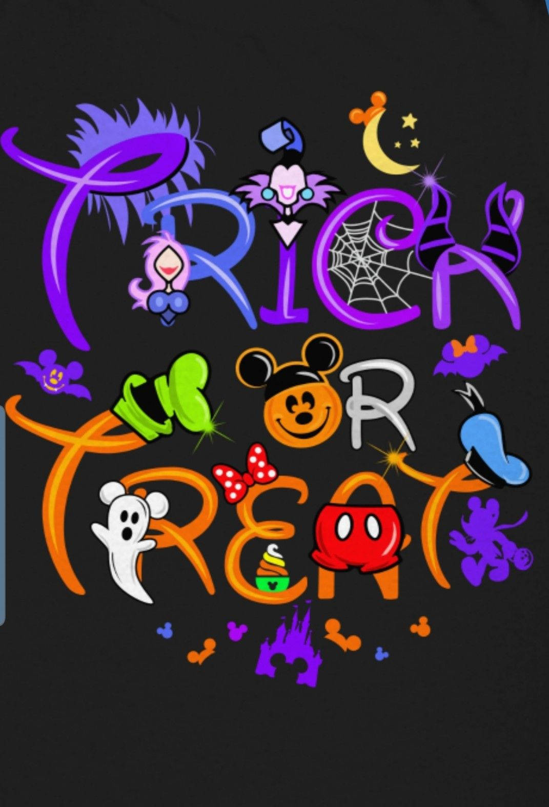 Cute Disney Halloween 桌布 壁紙 — 充滿活力的萬聖節字體設計，拼寫出 'Trick or Treat'，搭配卡通幽靈、蝙蝠和米奇老鼠角色，以霓虹色彩呈現於黑色背景上。