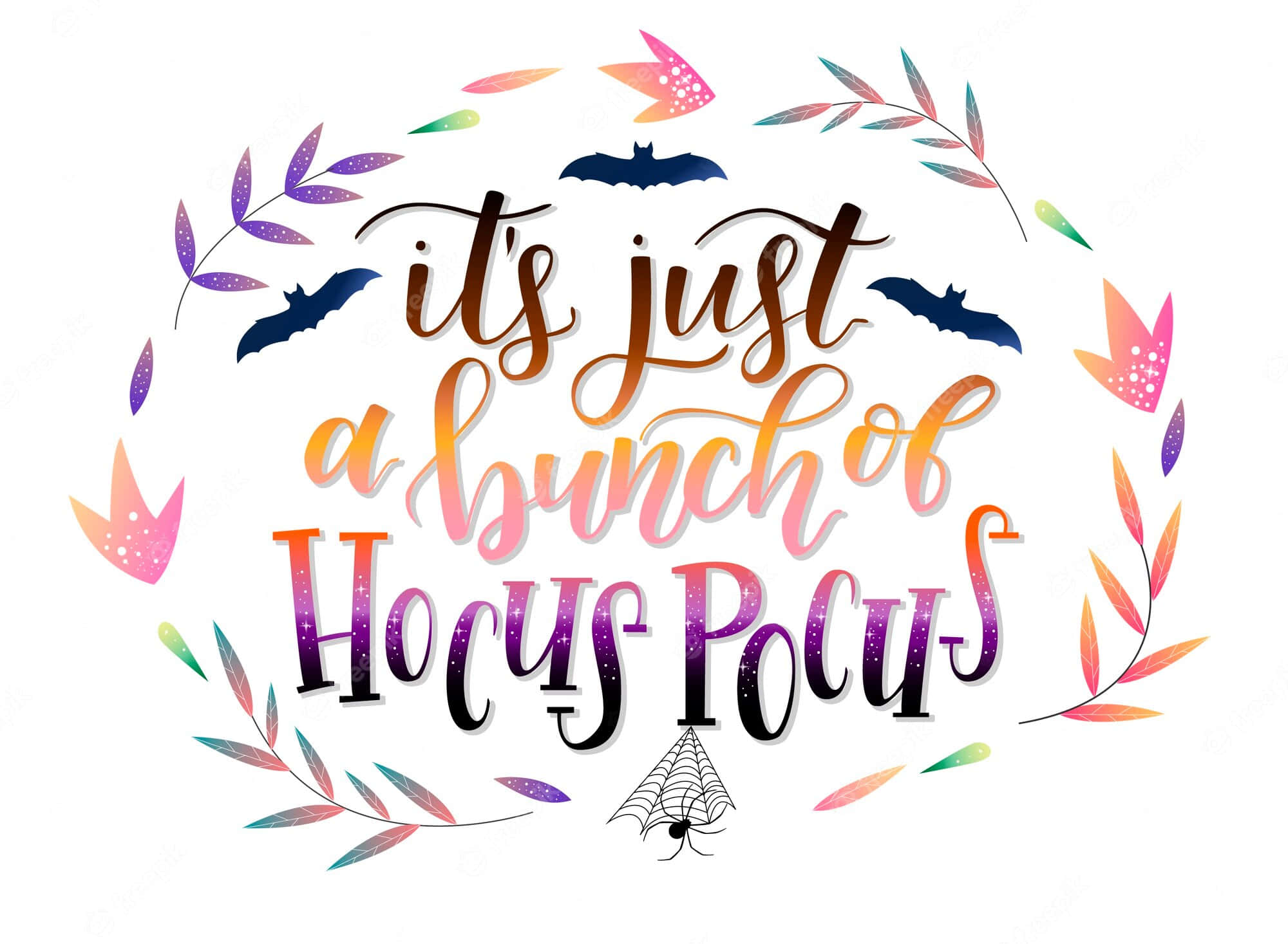 Hocus Pocus 桌布 壁紙 — 充滿活力的萬聖節字體設計寫著「it's just a bunch of Hocus Pocus」，周圍環繞著蝙蝠、彩色樹葉和蜘蛛網。