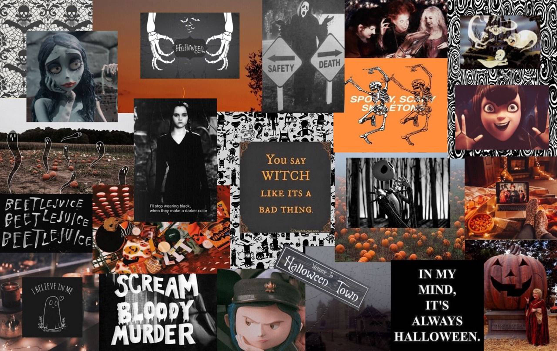 Cute Aesthetic Halloween 桌布 壁紙 — 充滿活力的萬聖節拼貼畫， featuring 標誌性電影海報和恐怖圖像，如南瓜、骷髏和女巫語錄。