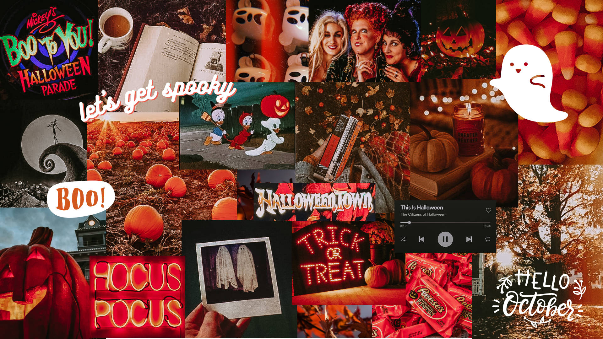Spooky Season 桌布 壁紙 — 充滿活力的萬聖節拼貼畫，以南瓜、鬼魂、糖果和電影海報為特色，採用溫暖的橙色、紅色和黑色色調。