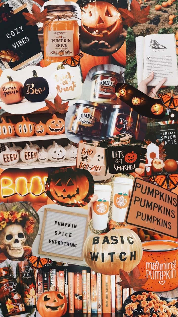 Autumn Collage 桌布 壁紙 — 充滿活力的萬聖節拼貼畫，以南瓜、香料蠟燭、書籍和骷髏裝飾為特色，採用溫暖的秋季色調。