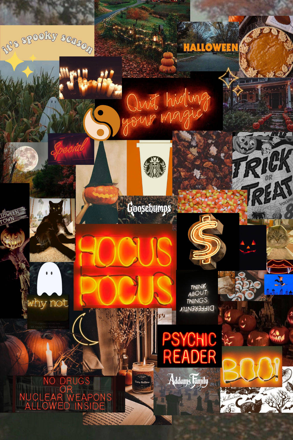 Spooky Aesthetic 桌布 壁紙 — 充滿活力的萬聖節拼貼畫，包含南瓜、蠟燭、霓虹燈標誌和恐怖文字，採用節日拼貼風格。