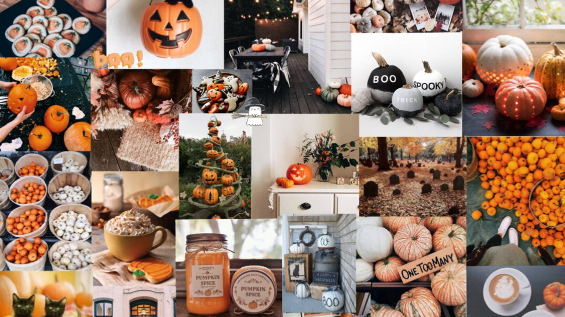 Cute Aesthetic Halloween 桌布 壁紙 — 充滿活力的萬聖節拼貼畫，包含南瓜、傑克南瓜燈、秋葉和恐怖裝飾，採用溫暖的橙色和黑色色調。