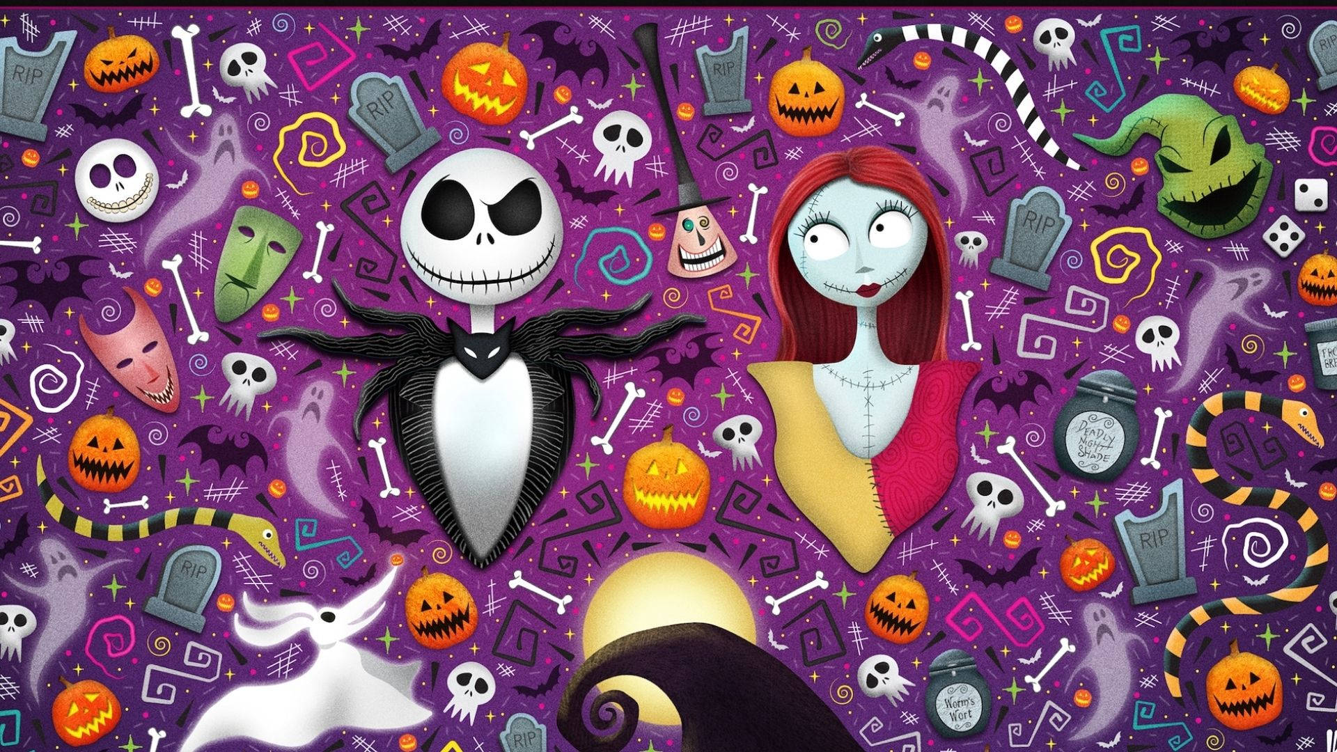 卡通萬聖節 桌布 壁紙 — 充滿活力的萬聖節桌布， featuring Jack Skellington 和 Sally，被南瓜、鬼魂和墓碑環繞在紫色背景上。