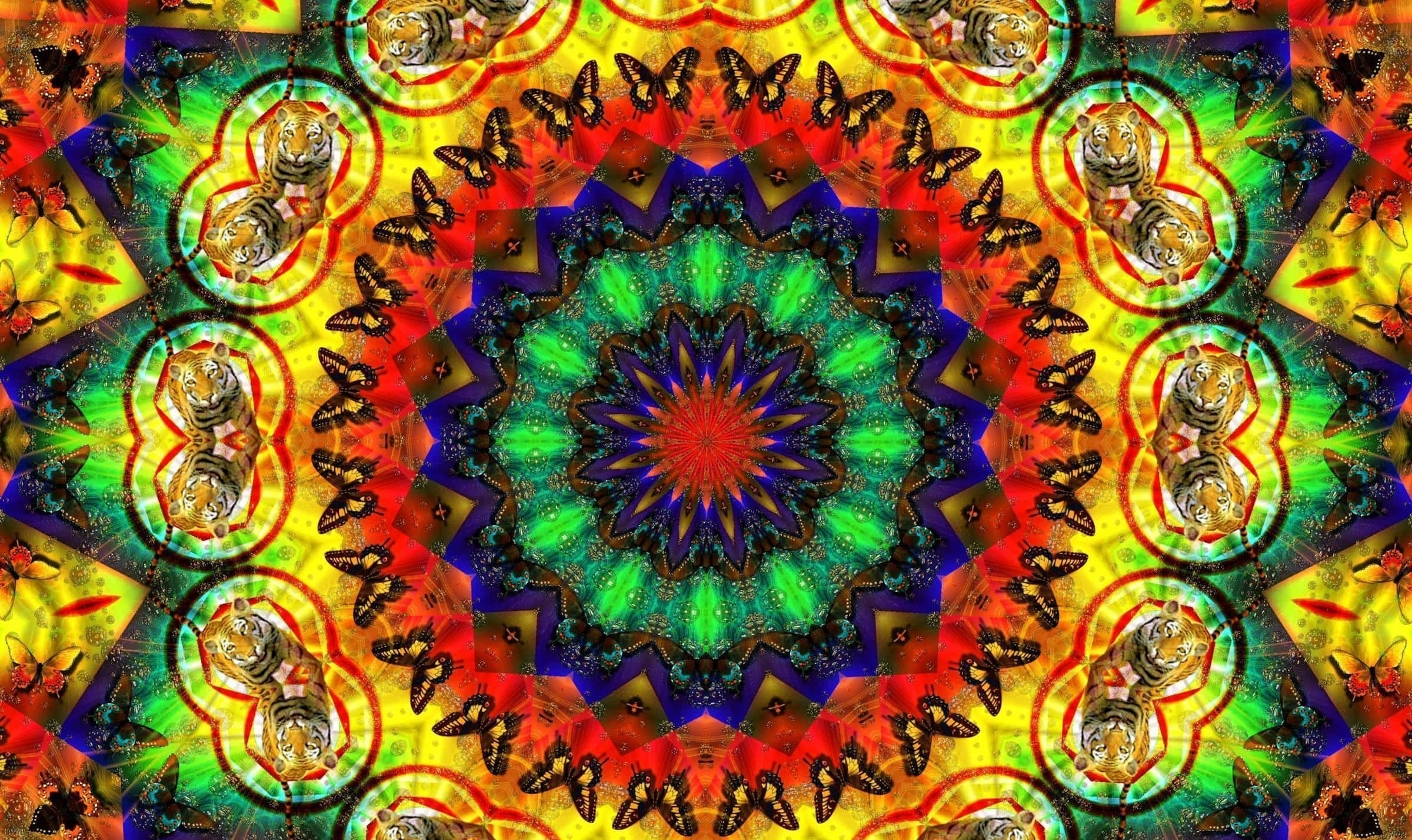 嬉皮 桌布 壁紙 — 充滿活力的萬花筒圖案，重複出現老虎臉和蝴蝶，呈現燦爛的彩虹色。