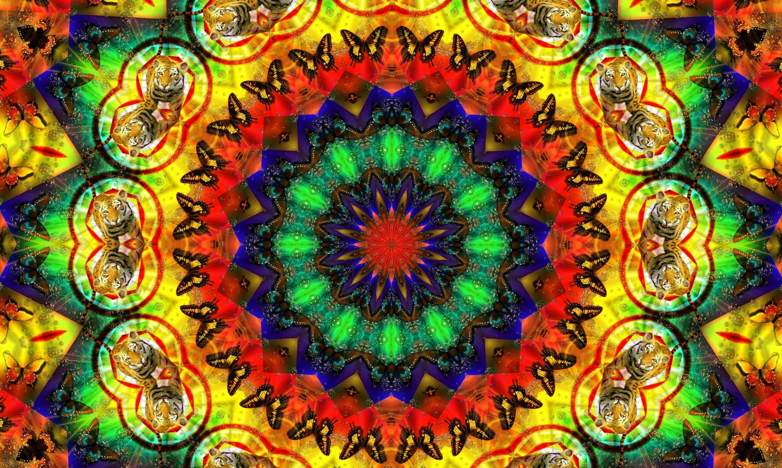 迷幻動圖 桌布 壁紙 — 充滿活力的萬花筒圖案，重複出現老虎頭和蝴蝶，採用電光綠、紅和黃色。