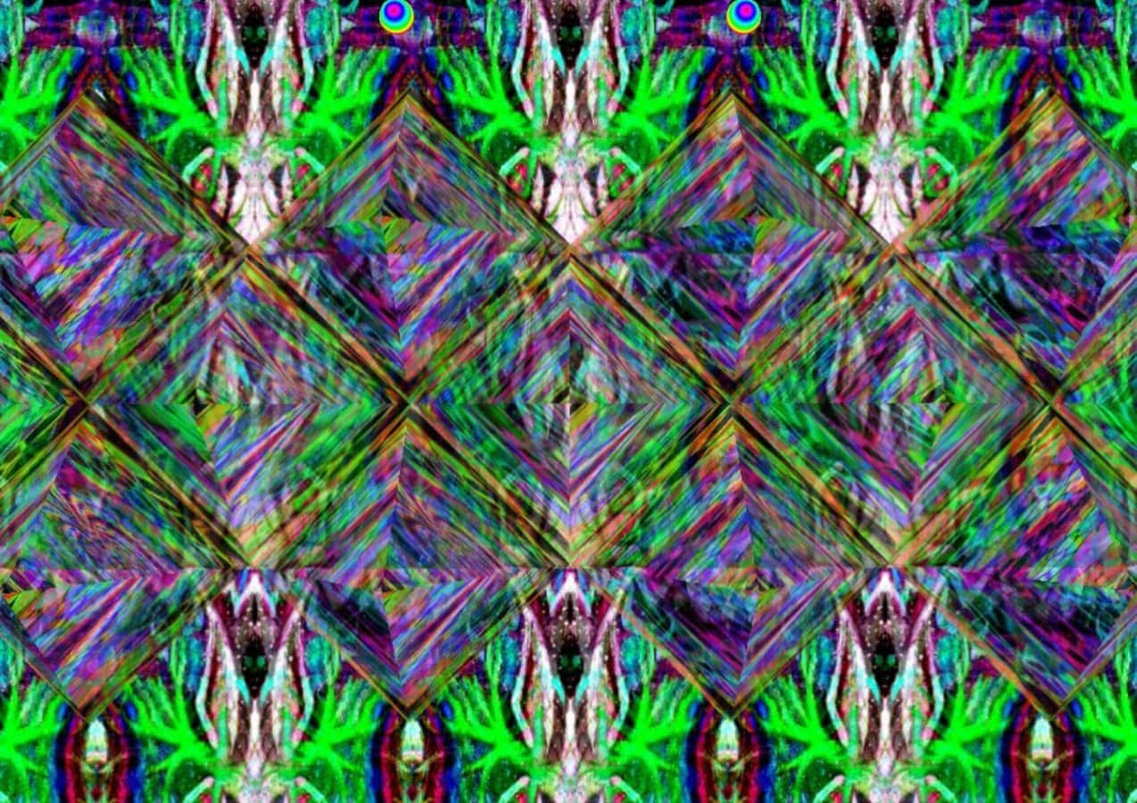 幾何 桌布 壁紙 — 充滿活力的萬花筒圖案，霓虹綠、紫色和藍色碎形形狀以鑽石對稱重複。