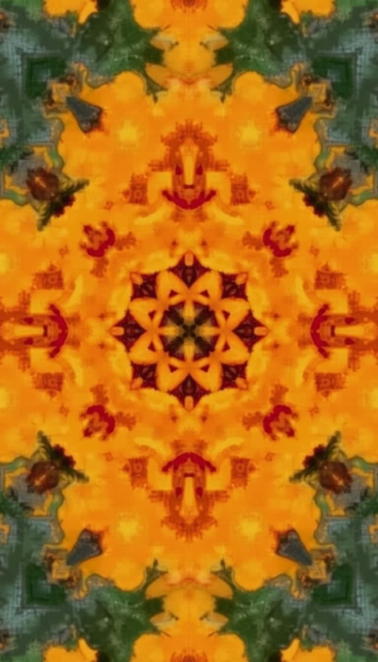 Flower 壁紙 — 充滿活力的萬花筒圖案從中央的星爆中輻射出來，帶有對稱的橙色、綠色和紅色花卉圖案。