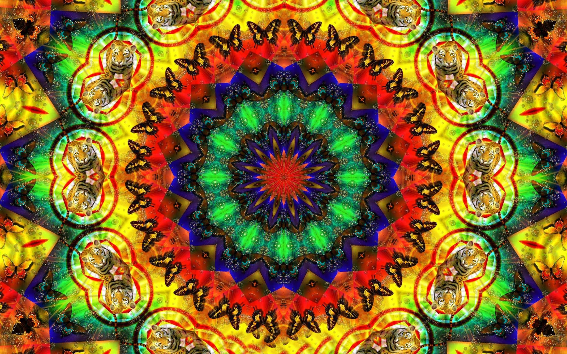 70s Hippie 桌布 壁紙 — 充滿活力的萬花筒曼陀羅，重複出現老虎頭和蝴蝶，呈現電光彩虹色調。