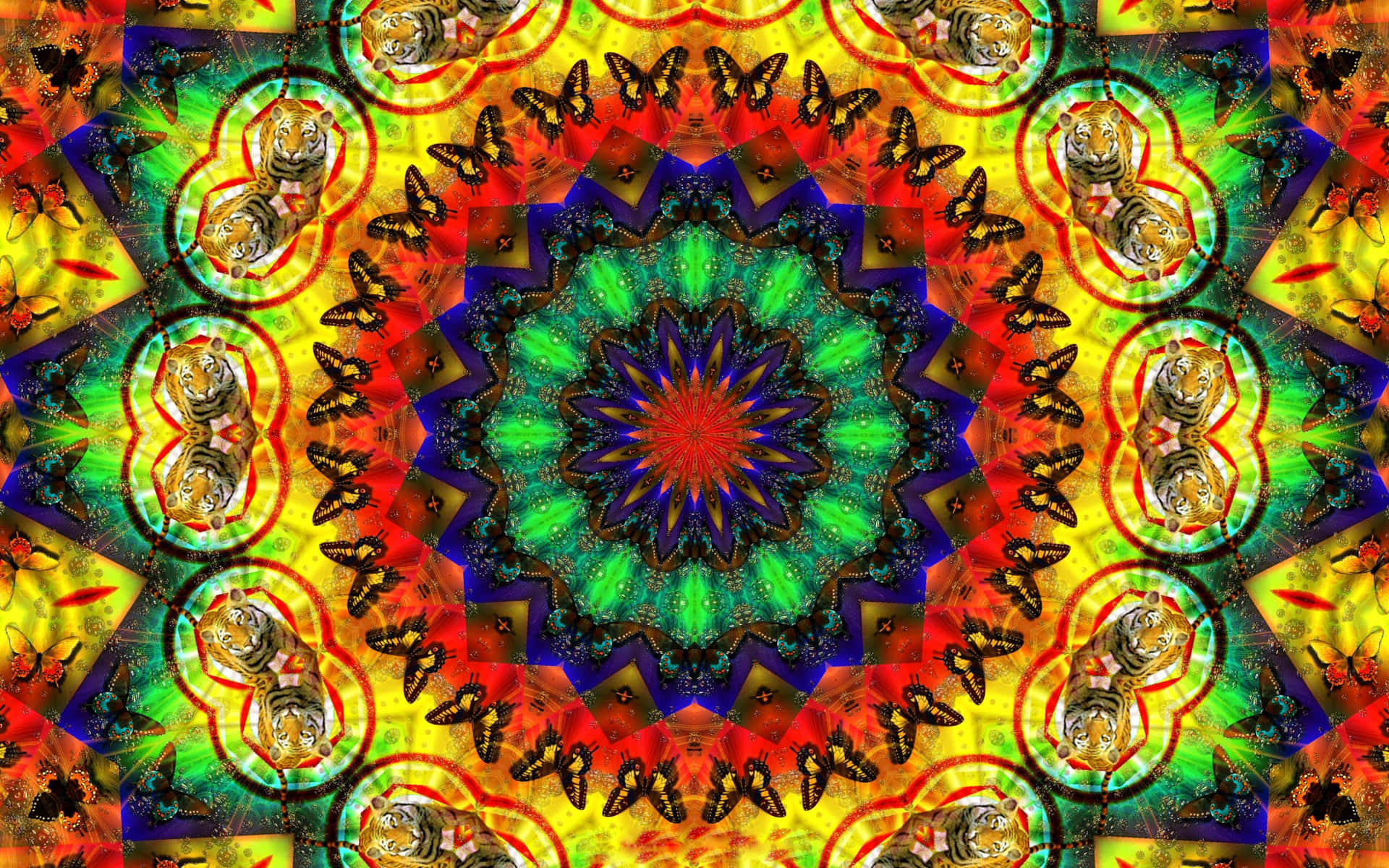 迷幻動圖 桌布 壁紙 — 充滿活力的萬花筒曼陀羅，重複的老虎頭和蝴蝶呈現電光彩虹色調。