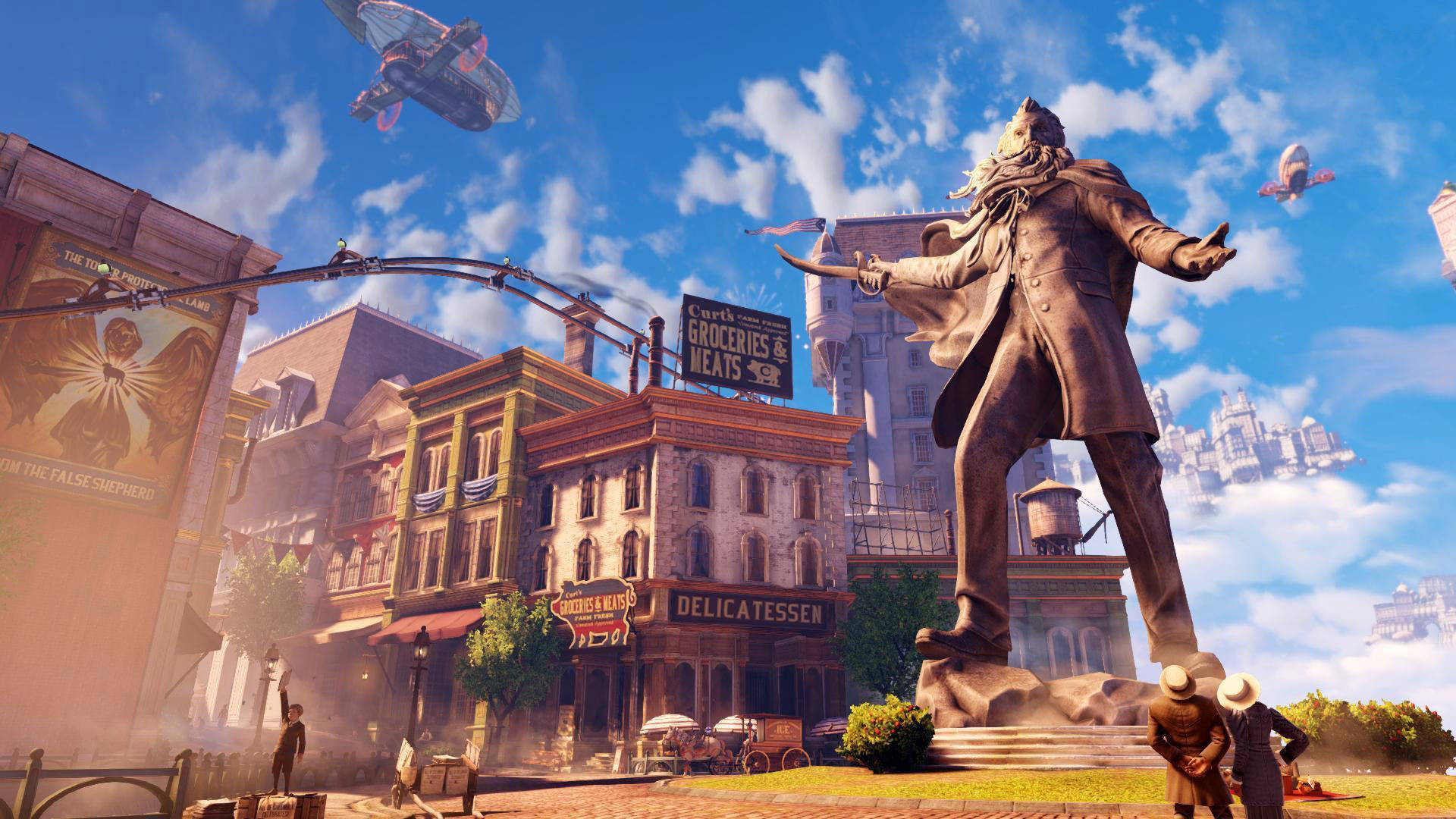Bioshock Infinite Desktop 桌布 壁紙 — 充滿活力的蒸氣龐克城市景觀，飛艇在鵝卵石街道上空翱翔，還有一座鬍鬚男的高聳雕像。