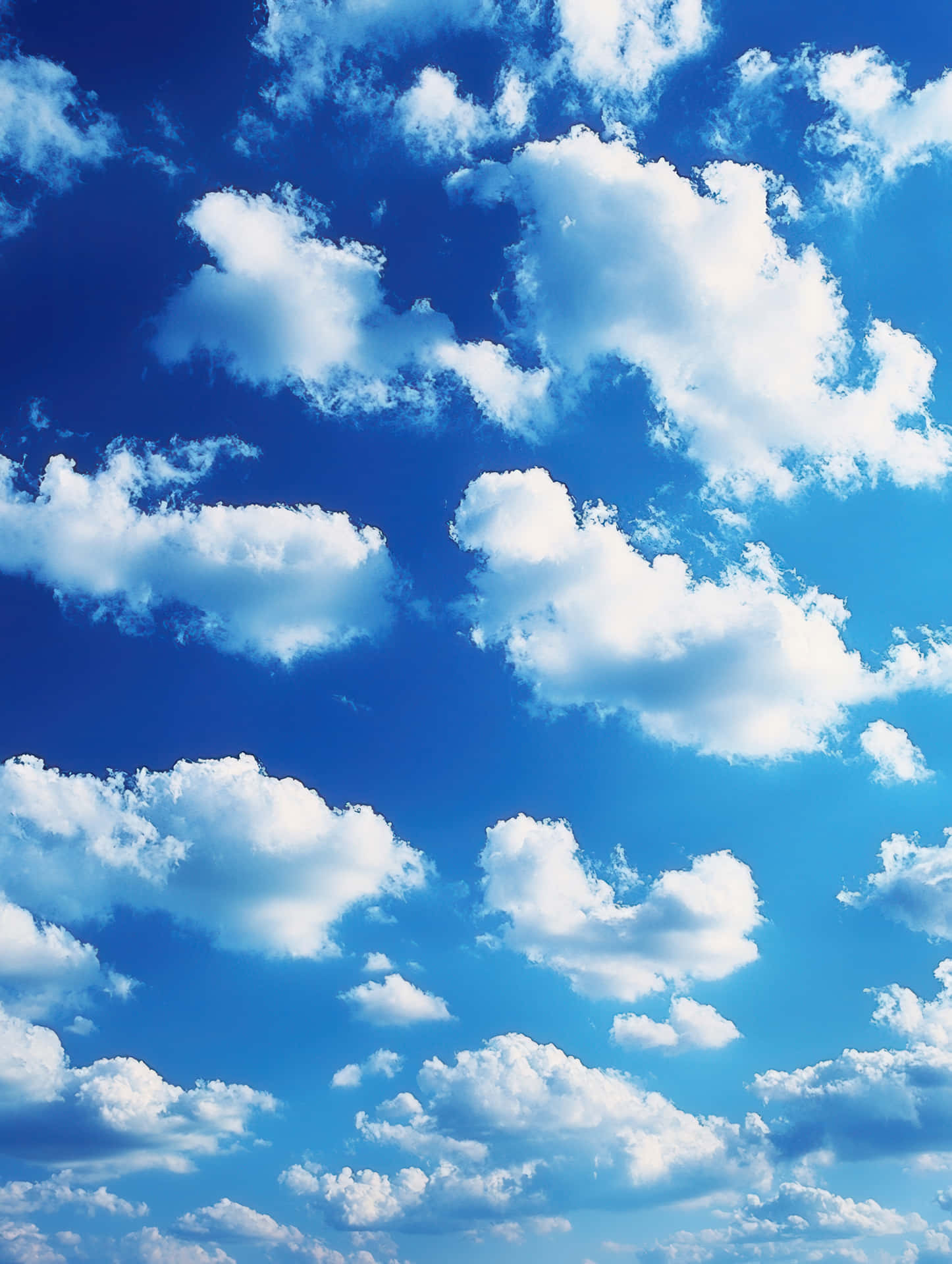 Vibrant blue sky filled with fluffy white clouds on a sunny day. 壁紙 — 充滿活力的蔚藍天空，飄浮著蓬鬆的白色積雲，在晴朗的白天地平線上移動。