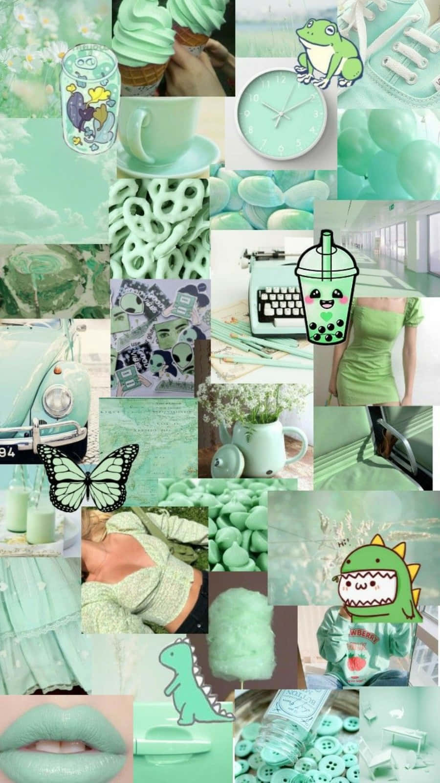 Pastel Mint Green 桌布 壁紙 — 充滿活力的薄荷綠色拼貼畫，包含冰淇淋杯、打字機、青蛙和蝴蝶，呈現夢幻美學。