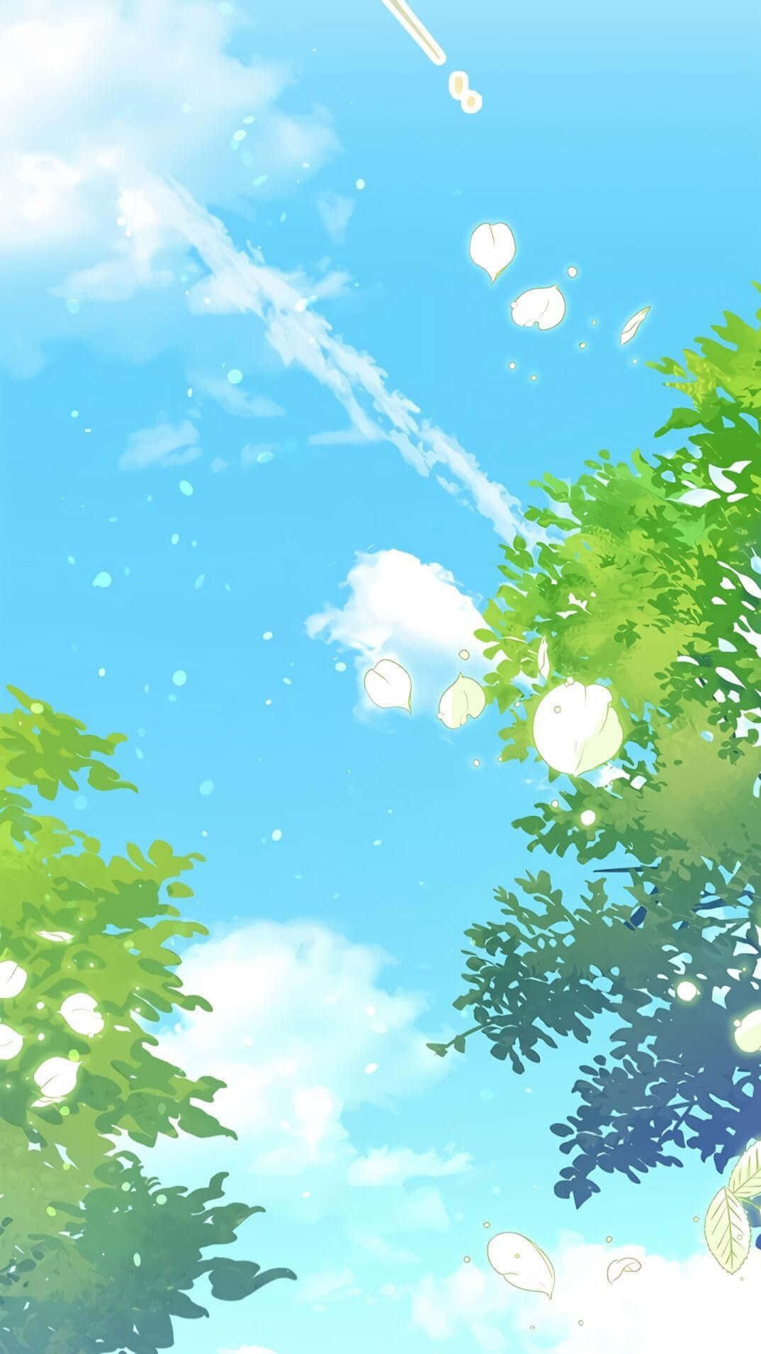 trees 桌布 壁紙 — 充滿活力的藍天， fluffy 白雲被茂密的綠色樹枝框住，發光的樹葉向下飄落。