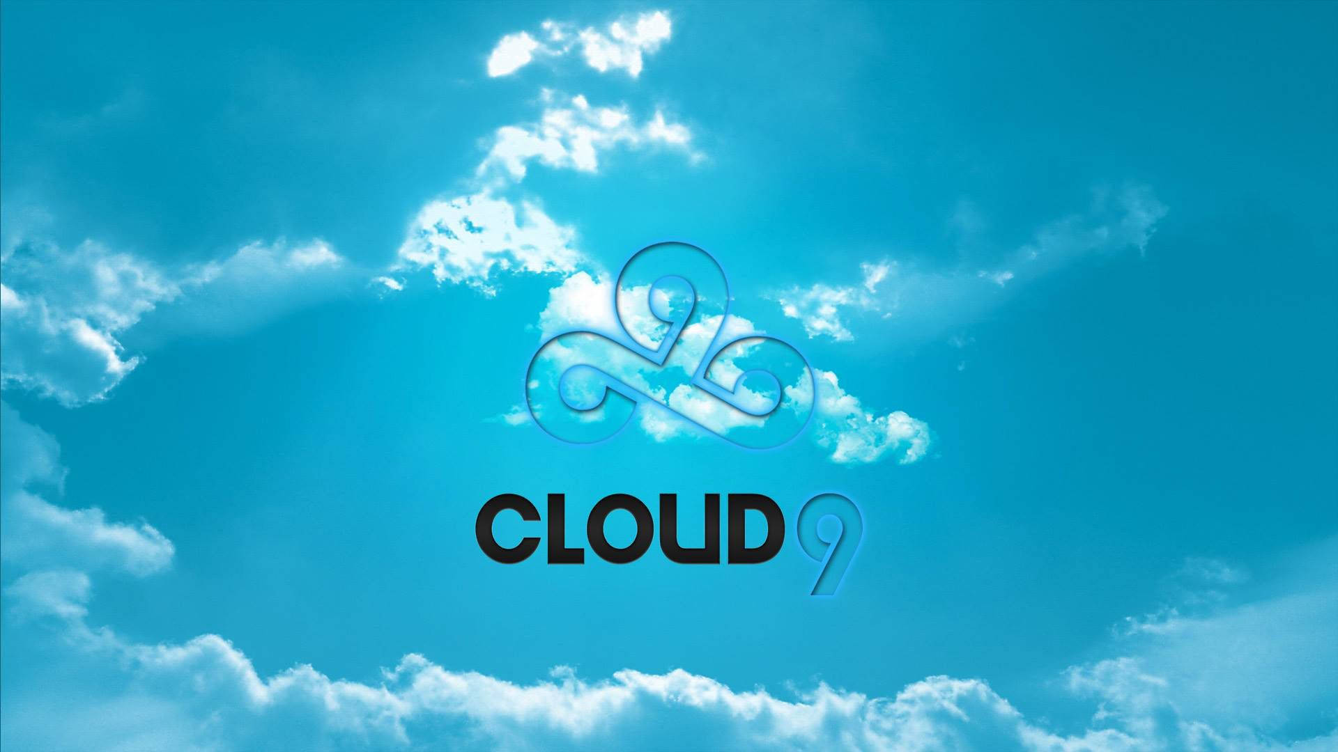 Cloud9 桌布 壁紙 — 充滿活力的藍天白雲，展示了粗體黑色文字和風格化雲朵圖示的「Cloud 9」標誌。