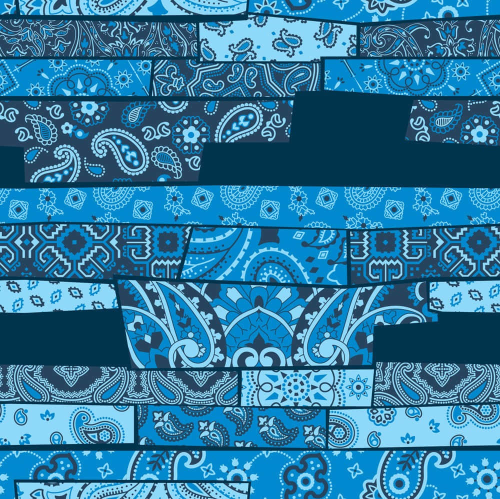 bandana 桌布 壁紙 — 充滿活力的藍白佩斯利圖案拼貼畫，幾何和花卉圖案排列成水平條紋。