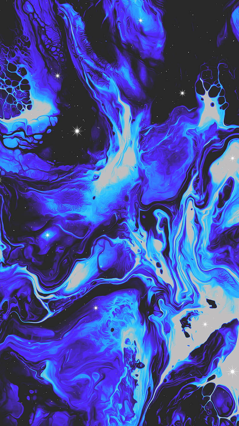 Trippy Dope 桌布 壁紙 — 充滿活力的藍白宇宙星雲在星光閃爍的黑色背景上旋轉，帶有發光的天體點綴。