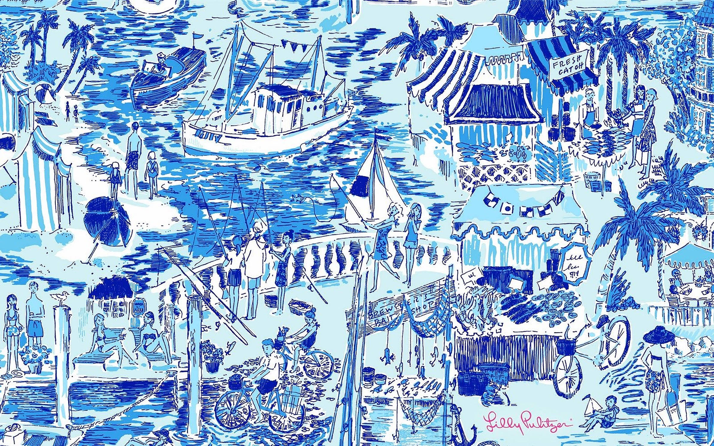 lilly 桌布 壁紙 — 充滿活力的藍白插圖海灘場景，有帆船、棕櫚樹和享受海邊活動的人們。