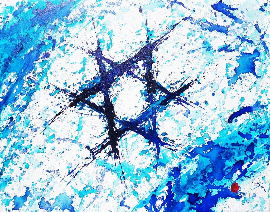 Israel Flag 桌布 壁紙 — 充滿活力的藍白潑墨畫，中央有醒目的黑色星爆，角落有一個紅點。