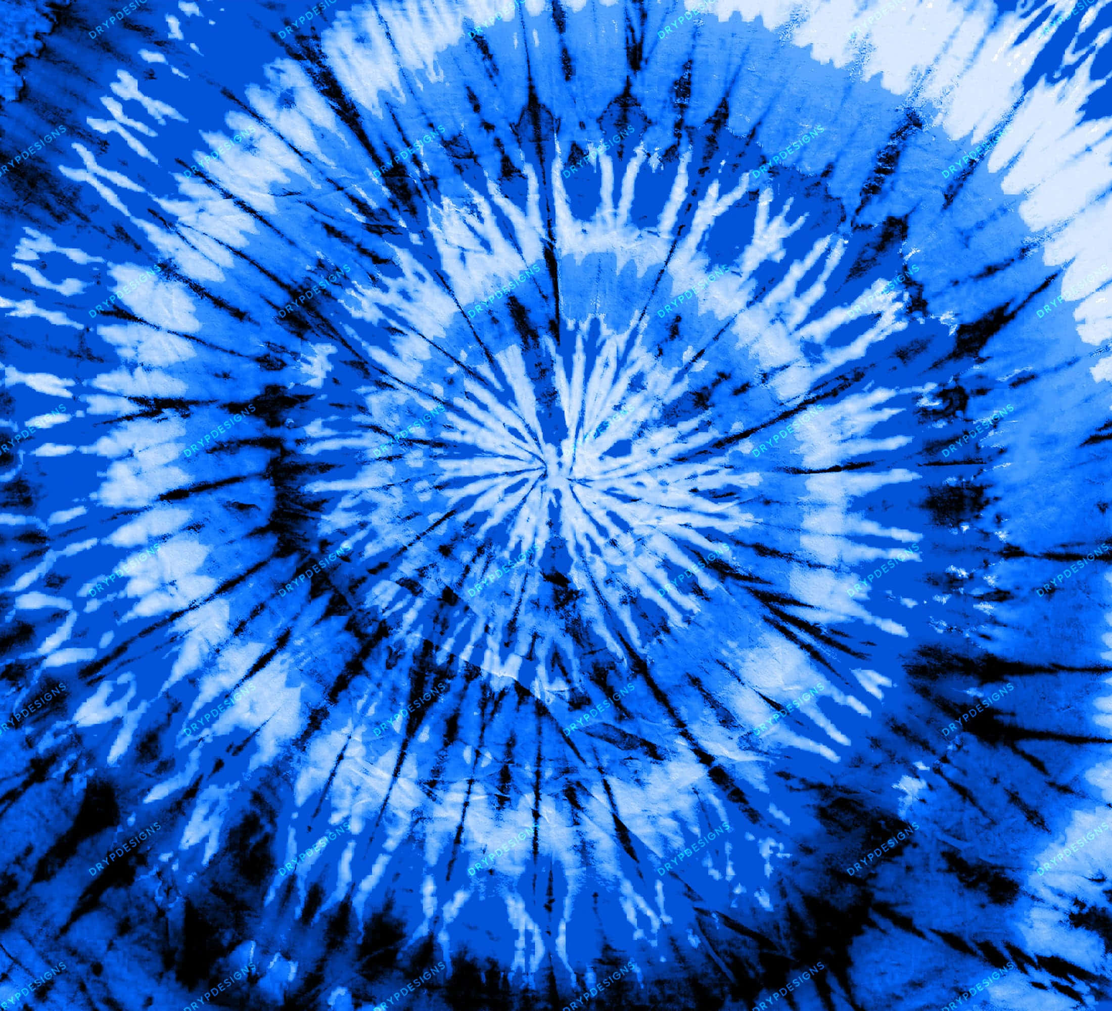 Blue Tie Dye 桌布 壁紙 — 充滿活力的藍白紮染圖案從中心點對稱地向外輻射。