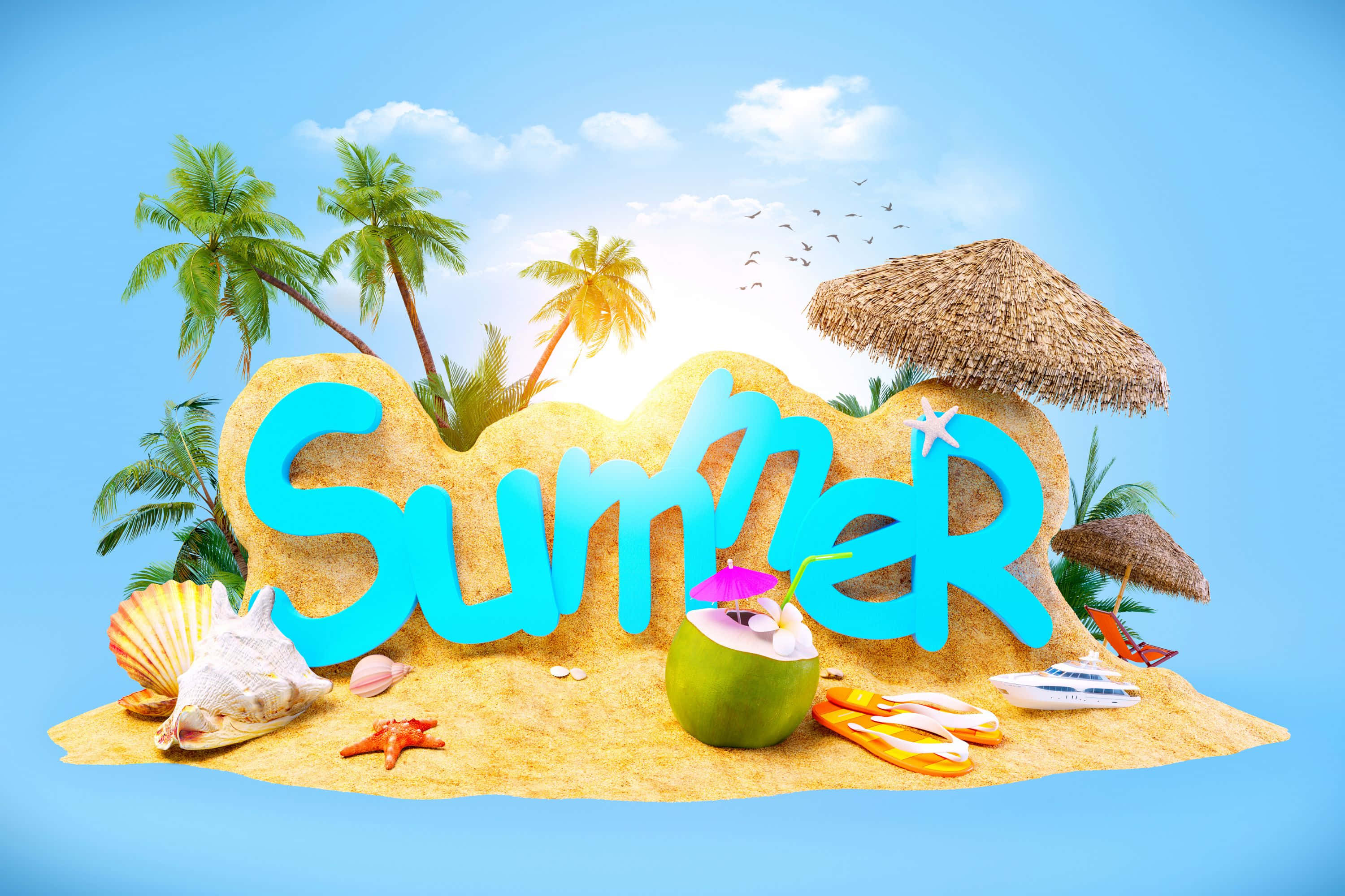 3000x2000 桌布 壁紙 — 充滿活力的藍綠色「Summer」字母從沙島中浮現，周圍環繞著棕櫚樹、貝殼和椰子飲料，在明亮的藍天下。