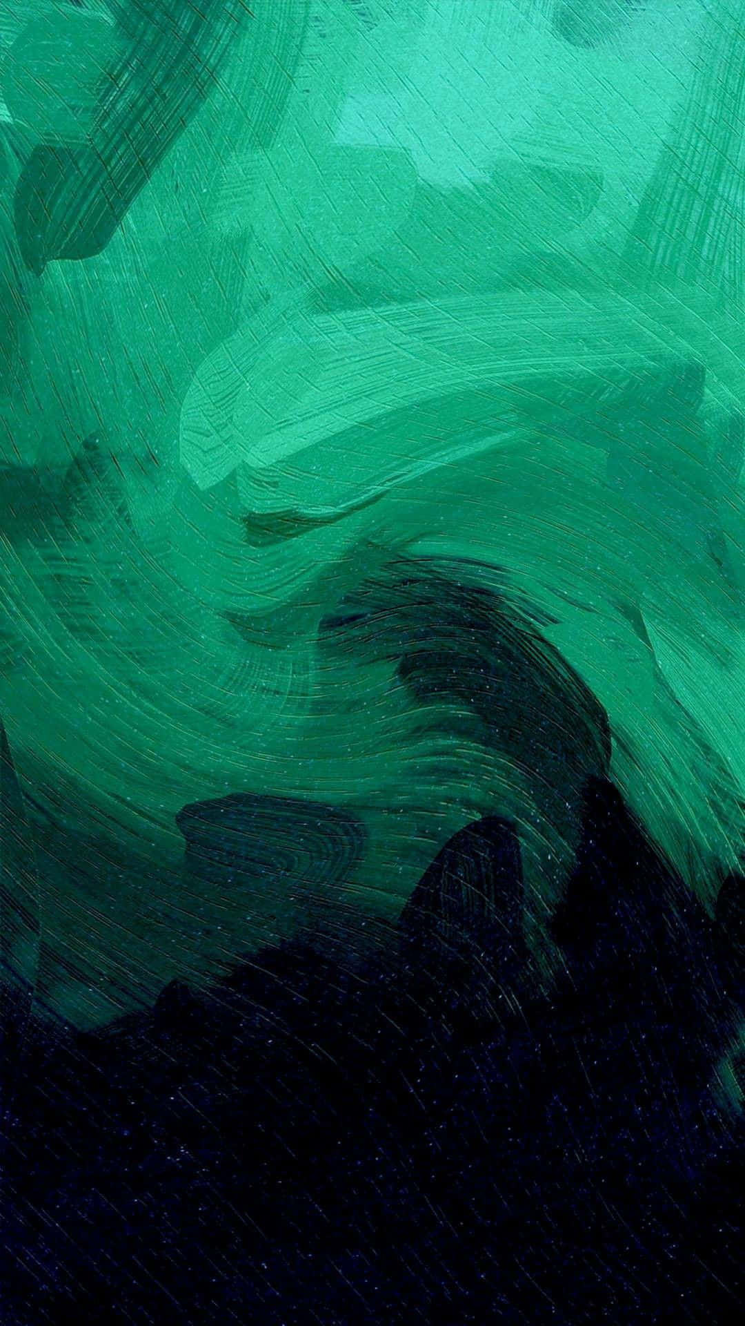 Green Phone 桌布 壁紙 — 充滿活力的藍綠色和祖母綠色筆觸在深海軍藍畫布上動態旋轉，形成富有表現力的抽象構圖。