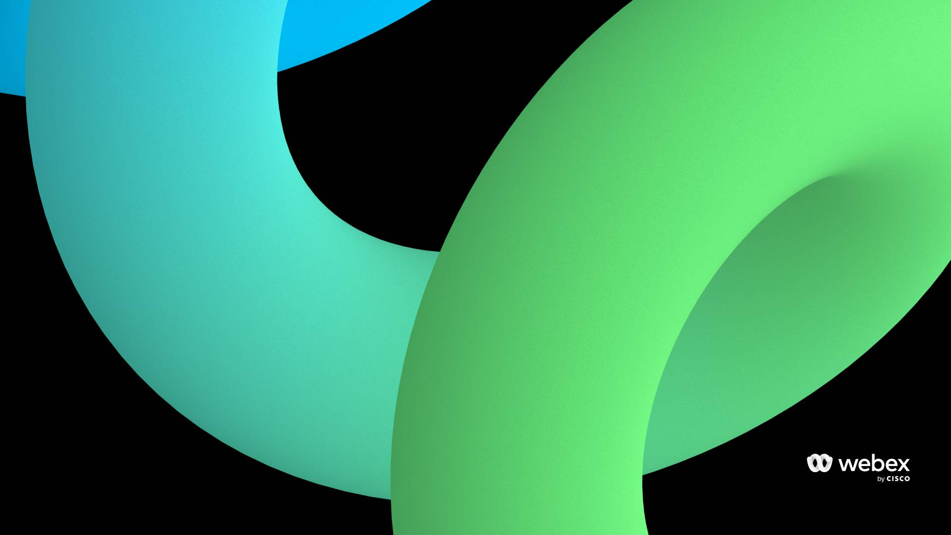 Webex 桌布 壁紙 — 充滿活力的藍綠色和綠色彎曲形狀在純黑背景上漂浮，構成時尚的數位作品。