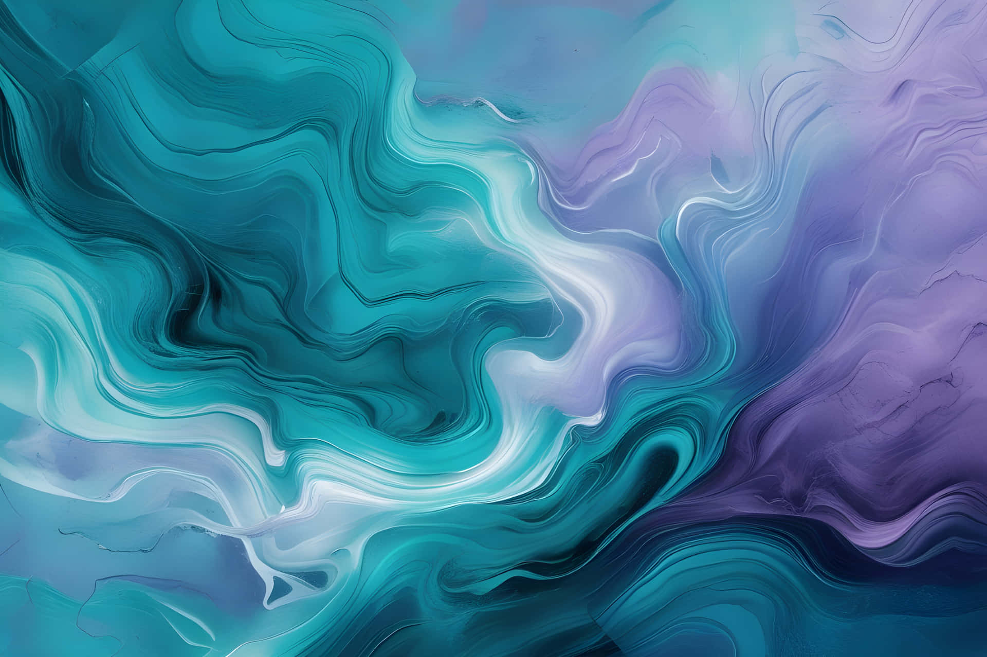 Beautiful abstract painting art 壁紙 — 充滿活力的藍綠色和薰衣草色液體漩渦在光滑的抽象畫布上動態流動。