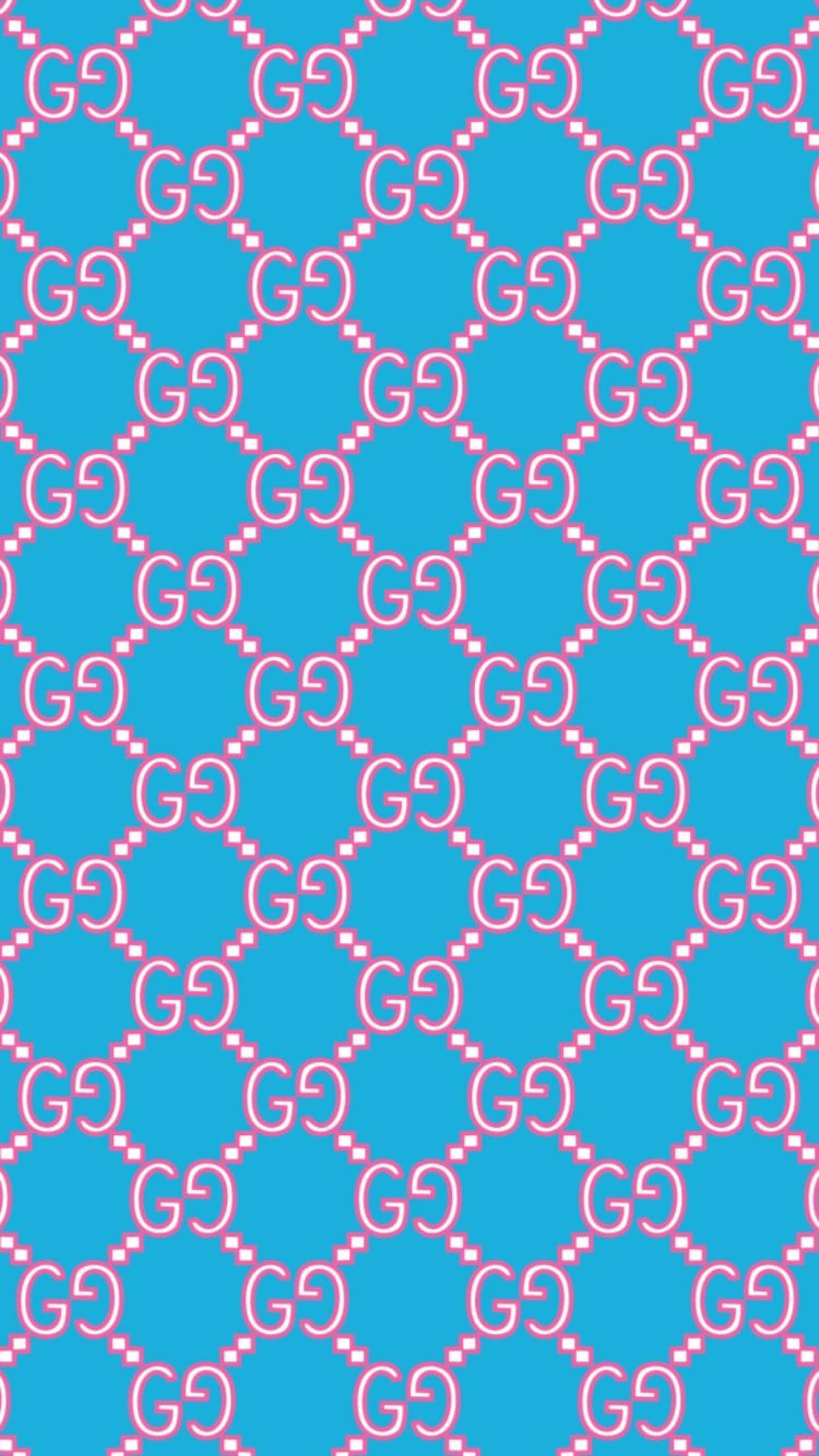 Gucci Pattern 桌布 壁紙 — 充滿活力的藍綠色壁紙，帶有重複的粉紅色交織GG字母組合圖案，排列成菱形網格。