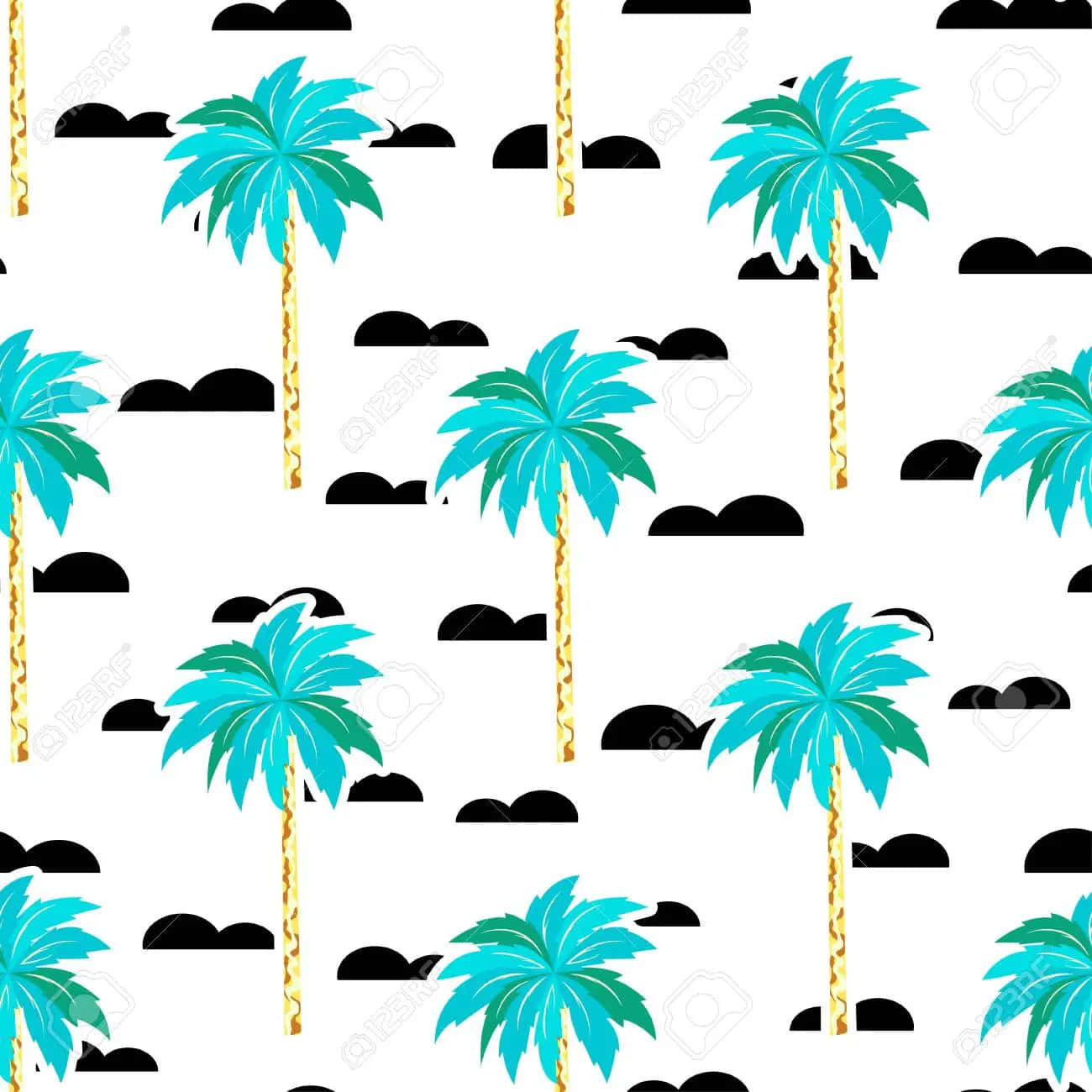 Cute Palm Tree 桌布 壁紙 — 充滿活力的藍綠色棕櫚樹，金色樹幹，在帶有黑色雲朵形狀的白色背景上重複。