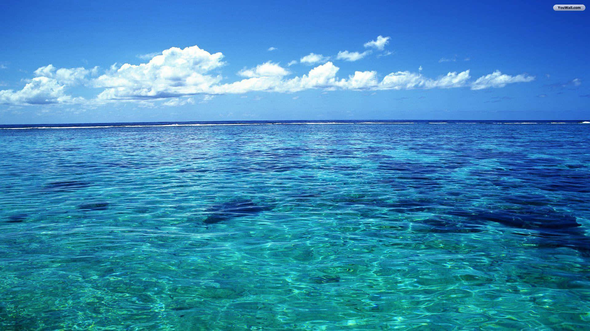 Sea 桌布 壁紙 — 充滿活力的藍綠色海水延伸到地平線，天空湛藍，白雲蓬鬆。