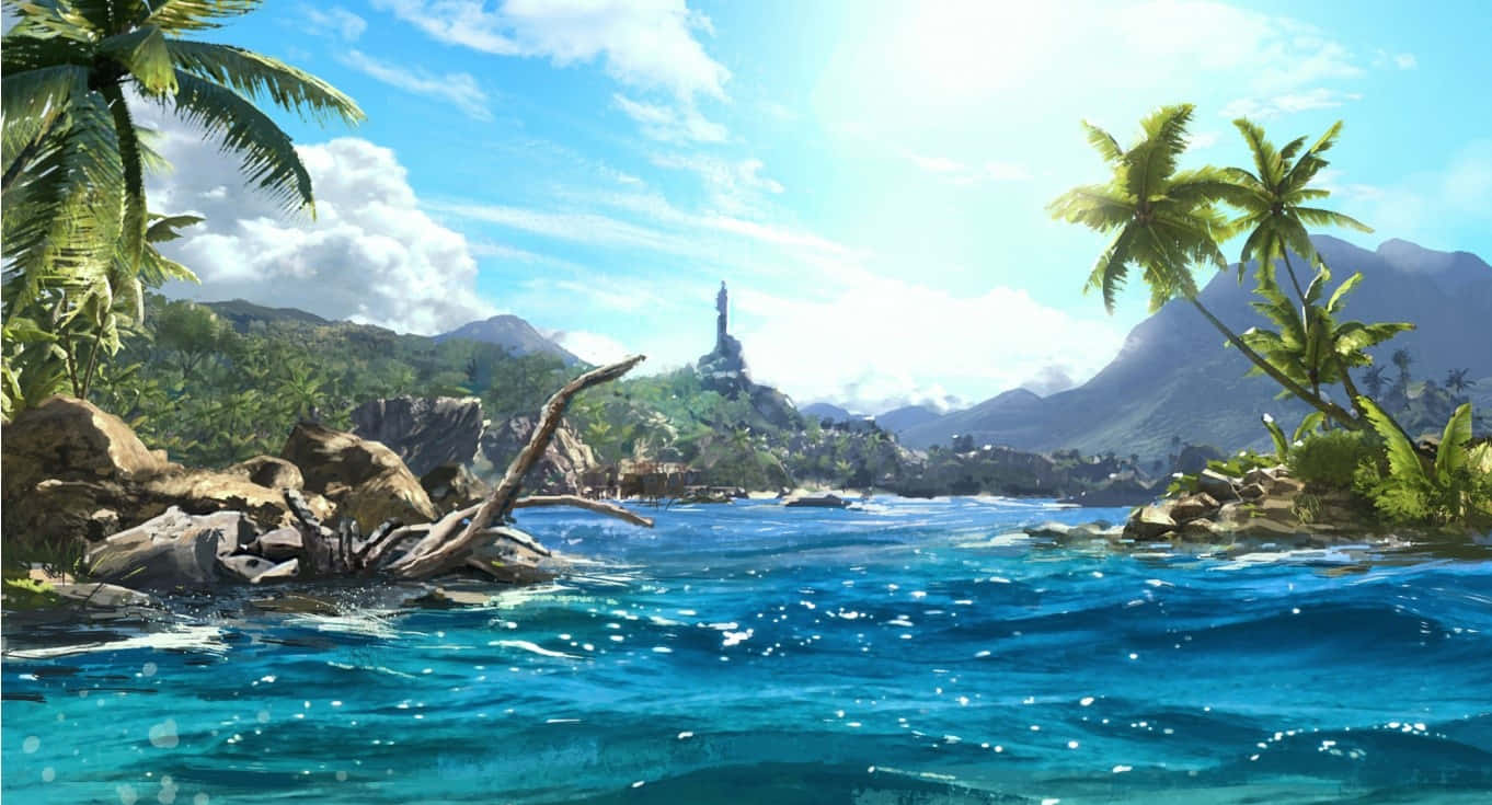 1366x768 Far Cry 5 桌布 壁紙 — 充滿活力的藍綠色海水拍打著岩石海岸，岸邊棕櫚樹林立，上方是明亮的藍天和蓬鬆的白雲。