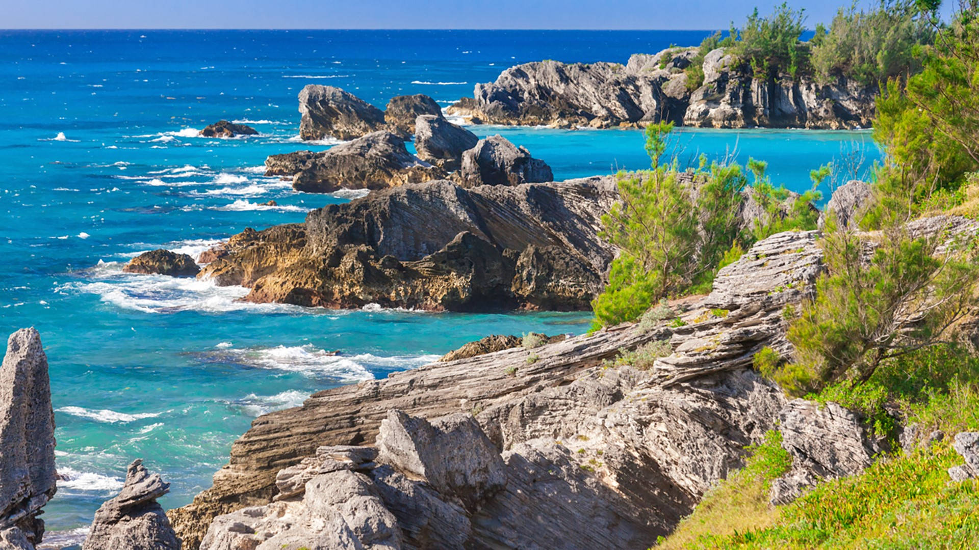 Bermuda 桌布 壁紙 — 充滿活力的藍綠色海水拍打著崎嶇的灰色岩石，在晴朗的藍天下，茂密的綠色植物攀附在懸崖上。