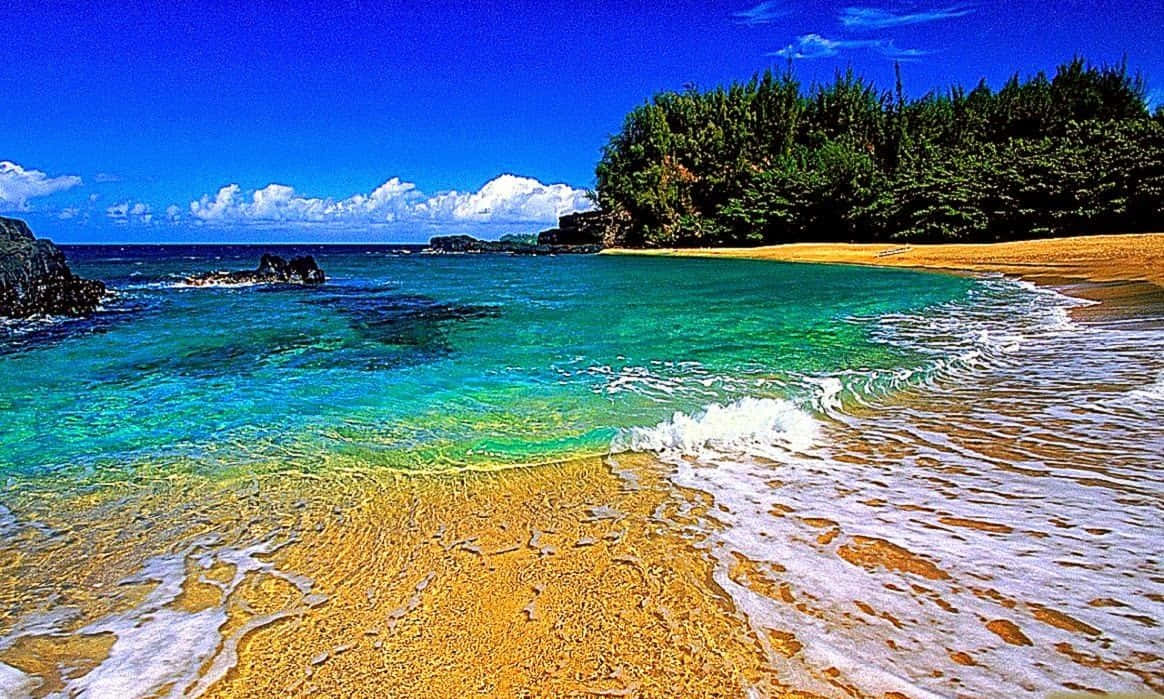 Hawaiian Beach 桌布 壁紙 — 充滿活力的藍綠色海浪拍打著金色的沙灘，上方是點綴著蓬鬆白雲的燦爛藍天。