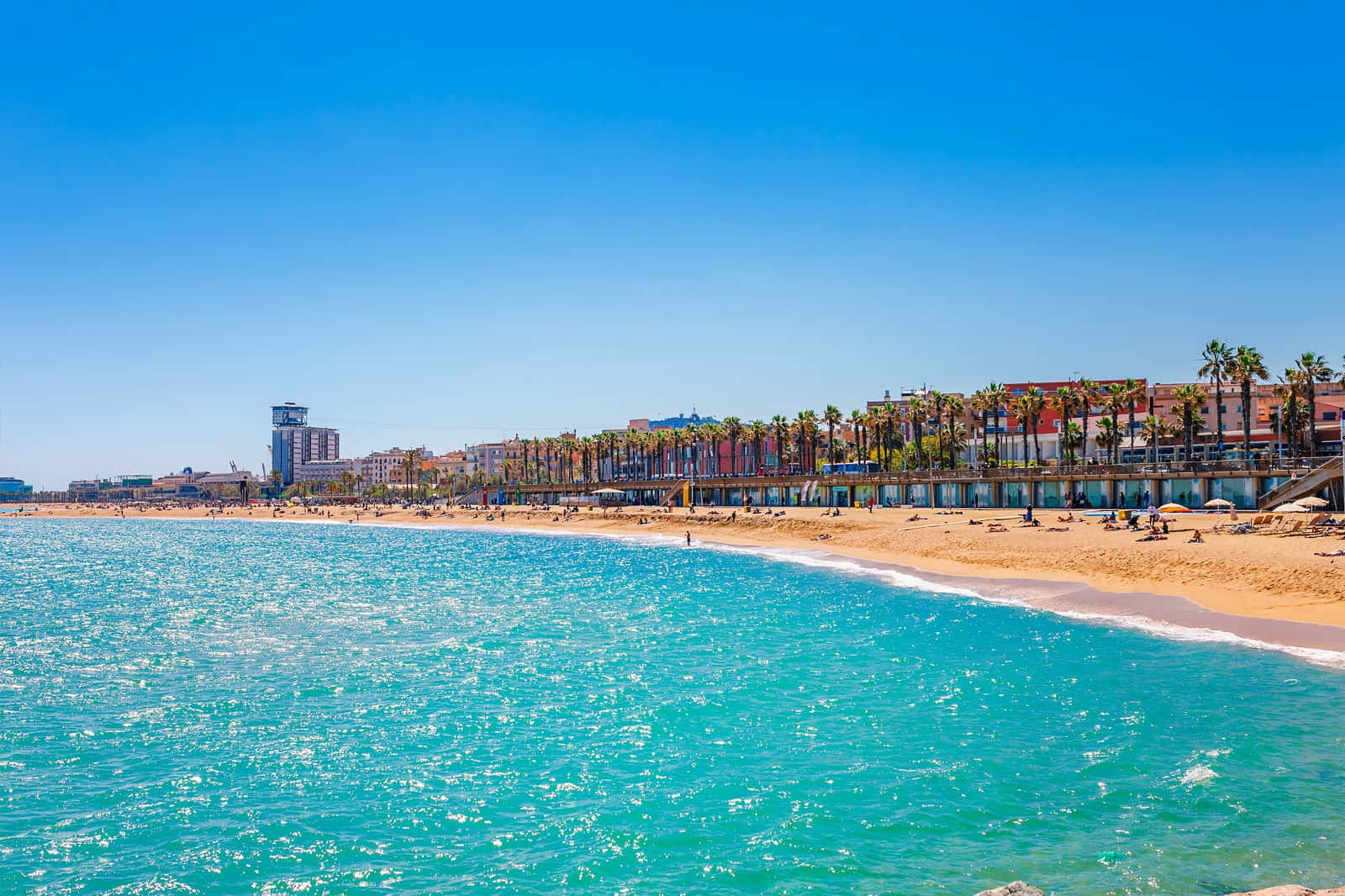 Spanish Beach 桌布 壁紙 — 充滿活力的藍綠色海浪拍打著陽光明媚的海灘，沙灘上種滿棕櫚樹和色彩繽紛的建築物，天空湛藍清澈。