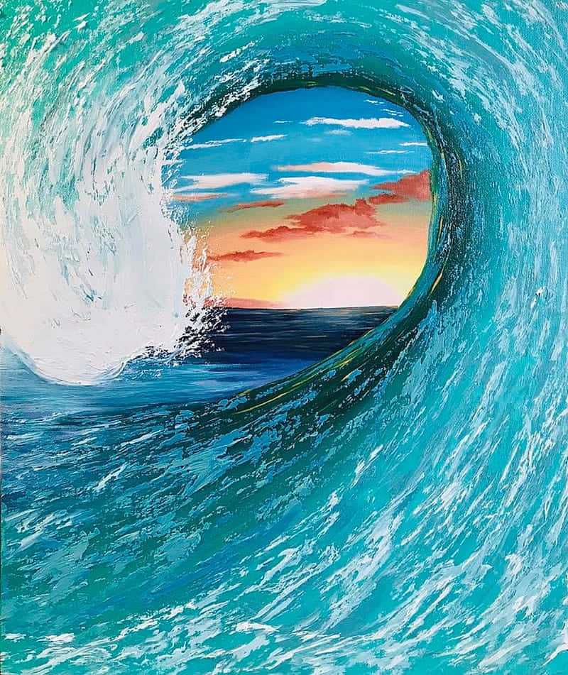 Surfing iPhone 桌布 壁紙 — 充滿活力的藍綠色海浪捲成隧道，框住橙色、粉紅色和藍色天空的日落。