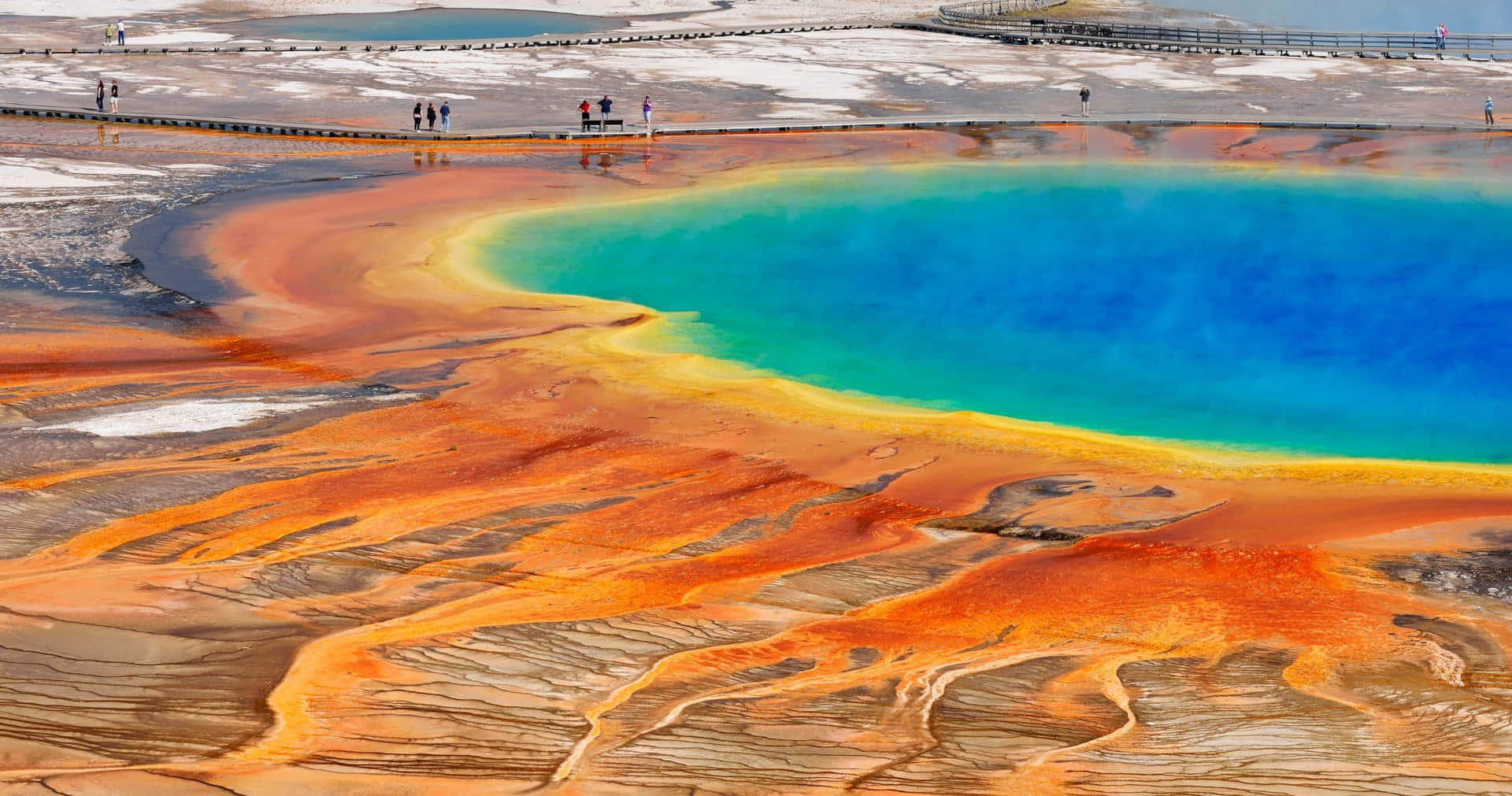 Yellowstone Geysers 桌布 壁紙 — 充滿活力的藍綠色溫泉，被火熱的橙色礦物梯田包圍，棧道上有遊客。