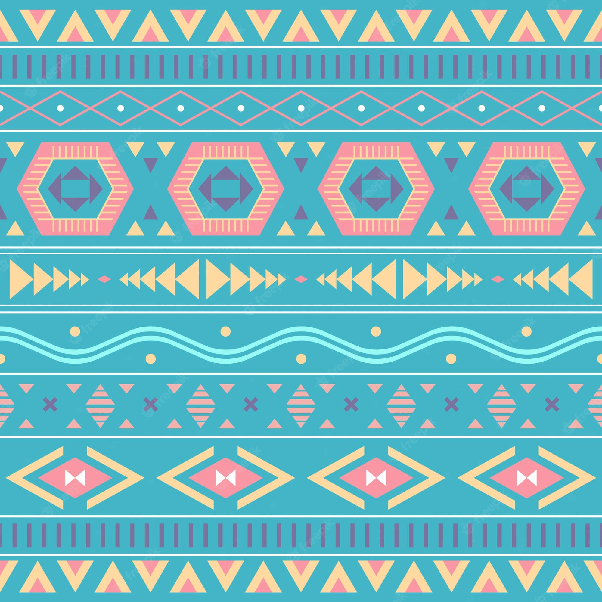 Aztec Pattern 桌布 壁紙 — 充滿活力的藍綠色背景，飾有粉紅色、黃色和紫色的重複幾何部落圖案。