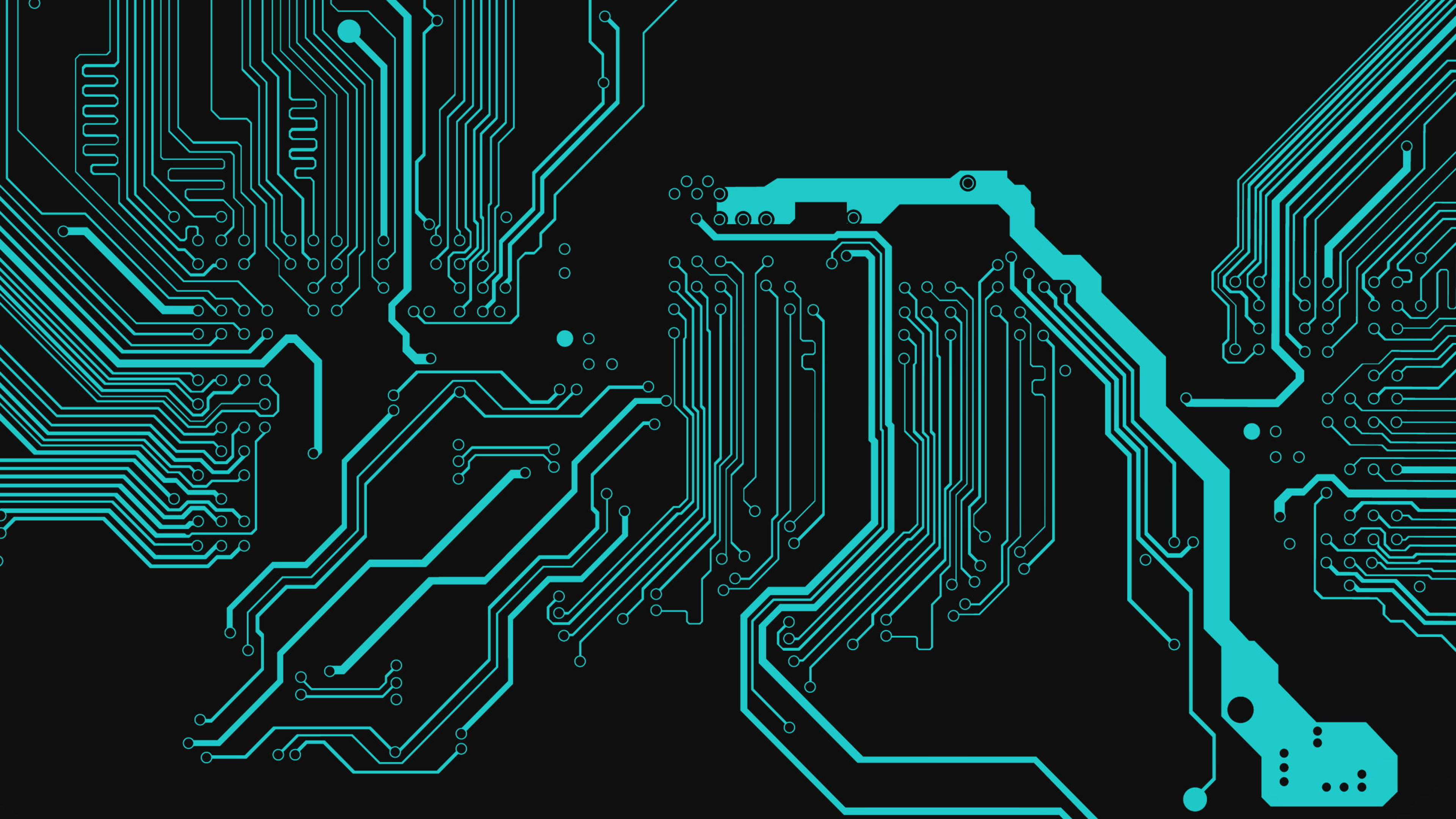 青色GIF 桌布 壁紙 — 充滿活力的藍綠色電路板圖案在漆黑的背景上閃耀，呈現未來數位設計風格。