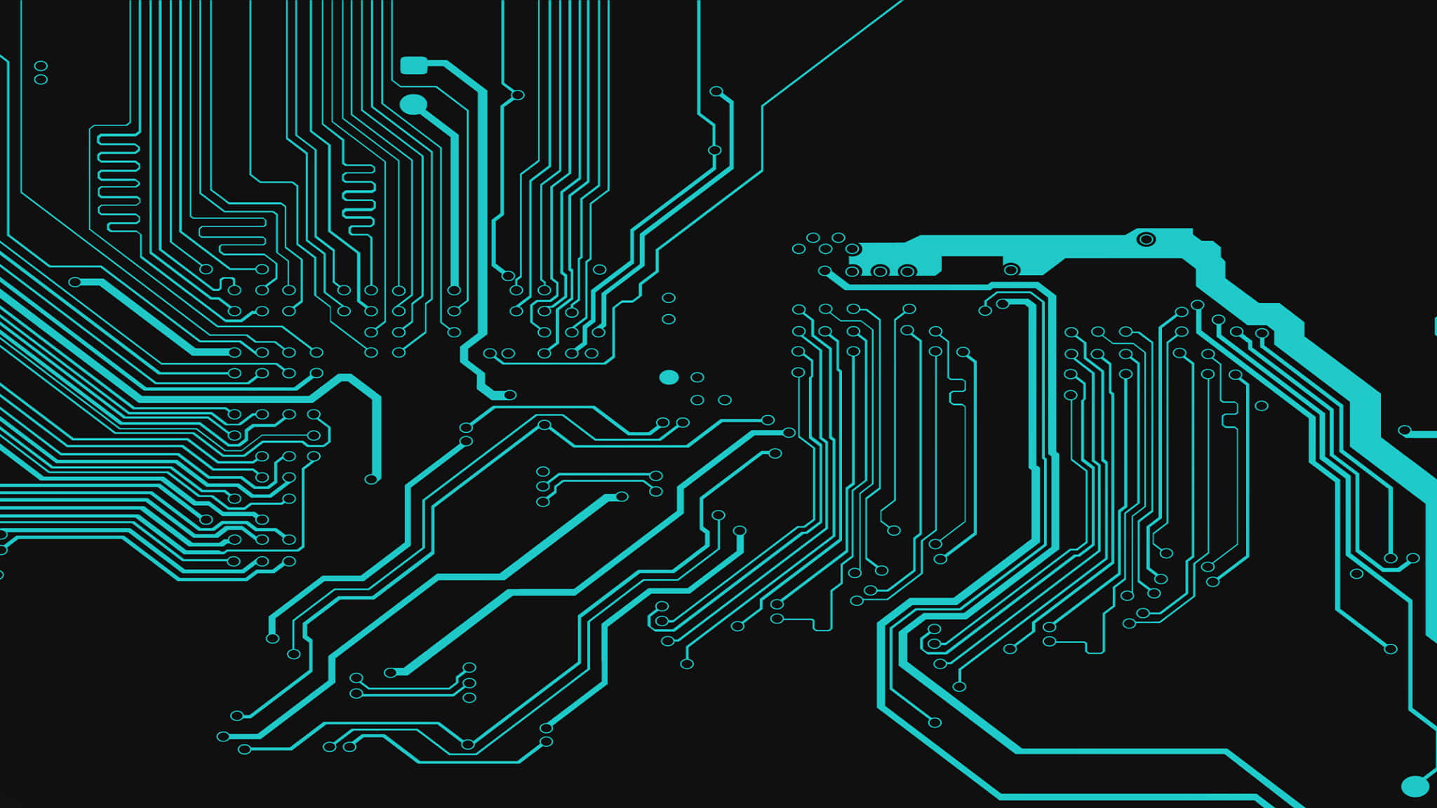 2048x1152 桌布 壁紙 — 充滿活力的藍綠色電路板路徑在深黑色背景上發光，呈現未來主義的數位設計。