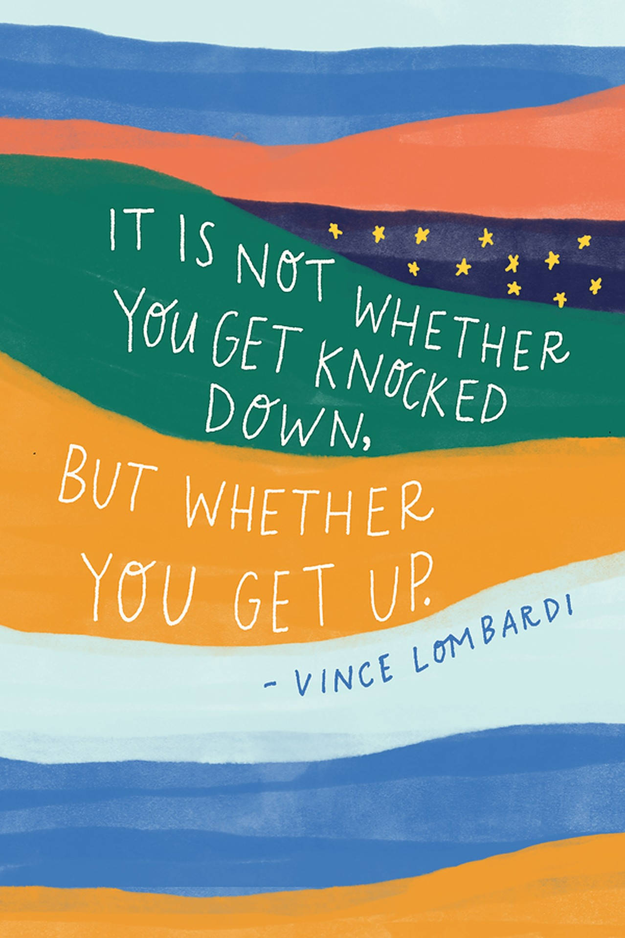 Positive Quotes 桌布 壁紙 — 充滿活力的藍色、橙色和綠色抽象波浪，承載著 Vince Lombardi 的勵志名言，橫跨畫布。