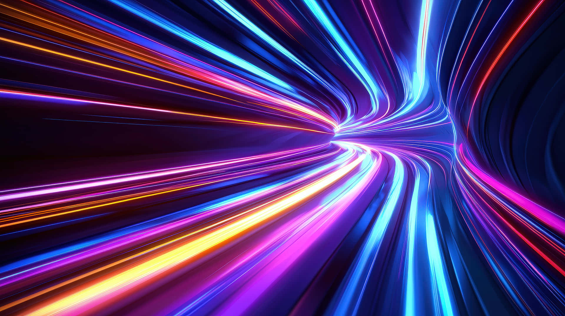 Futuristic Light Speed Tunnel with Neon Streaks 壁紙 — 充滿活力的藍色、紫色、粉紅色和橙色霓虹條紋在黑暗背景上模糊成運動隧道。