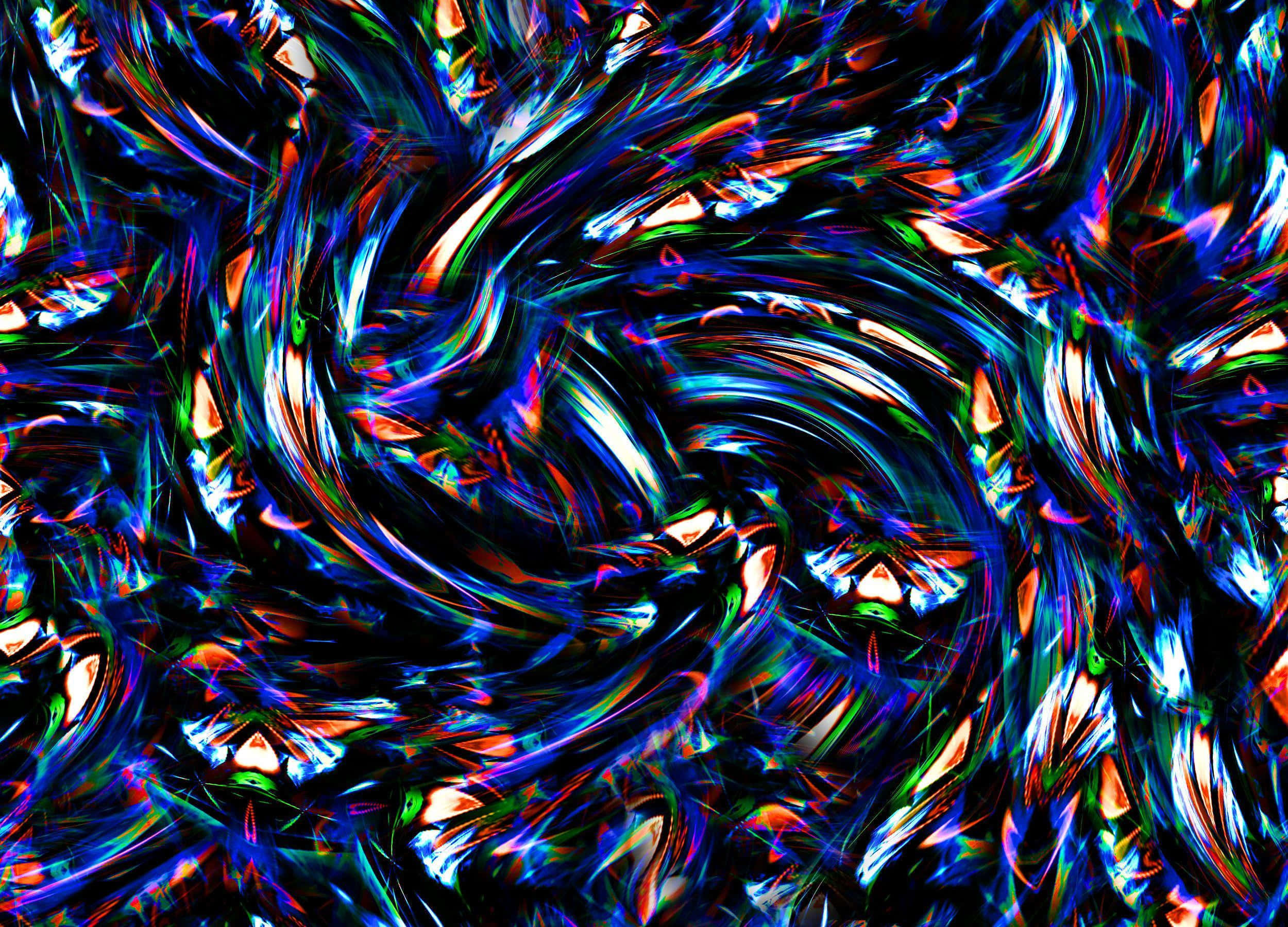 Perception 桌布 壁紙 — 充滿活力的藍色、綠色和橙色霓虹漩渦在黑暗的畫布上形成混亂的數位爆炸。