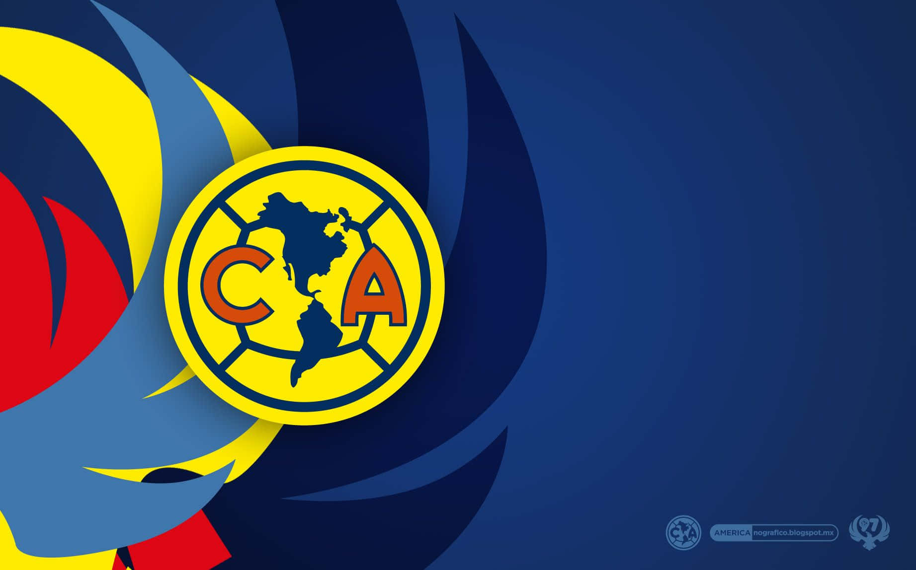 Club America 桌布 壁紙 — 充滿活力的藍色、黃色和紅色抽象漩渦環繞著一個大膽的黃色圓形標誌，上面有深藍色的美洲地圖和橙色的CA字母縮寫。