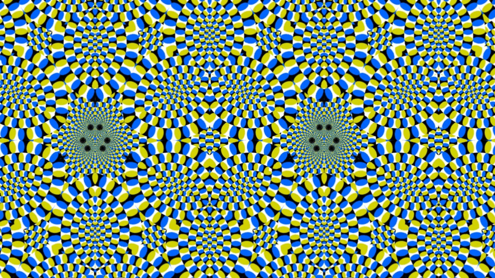 Cool Optical Illusions 桌布 壁紙 — 充滿活力的藍色、黃色和黑色幾何圖案，以重複的催眠螺旋創造出迷人的錯覺。